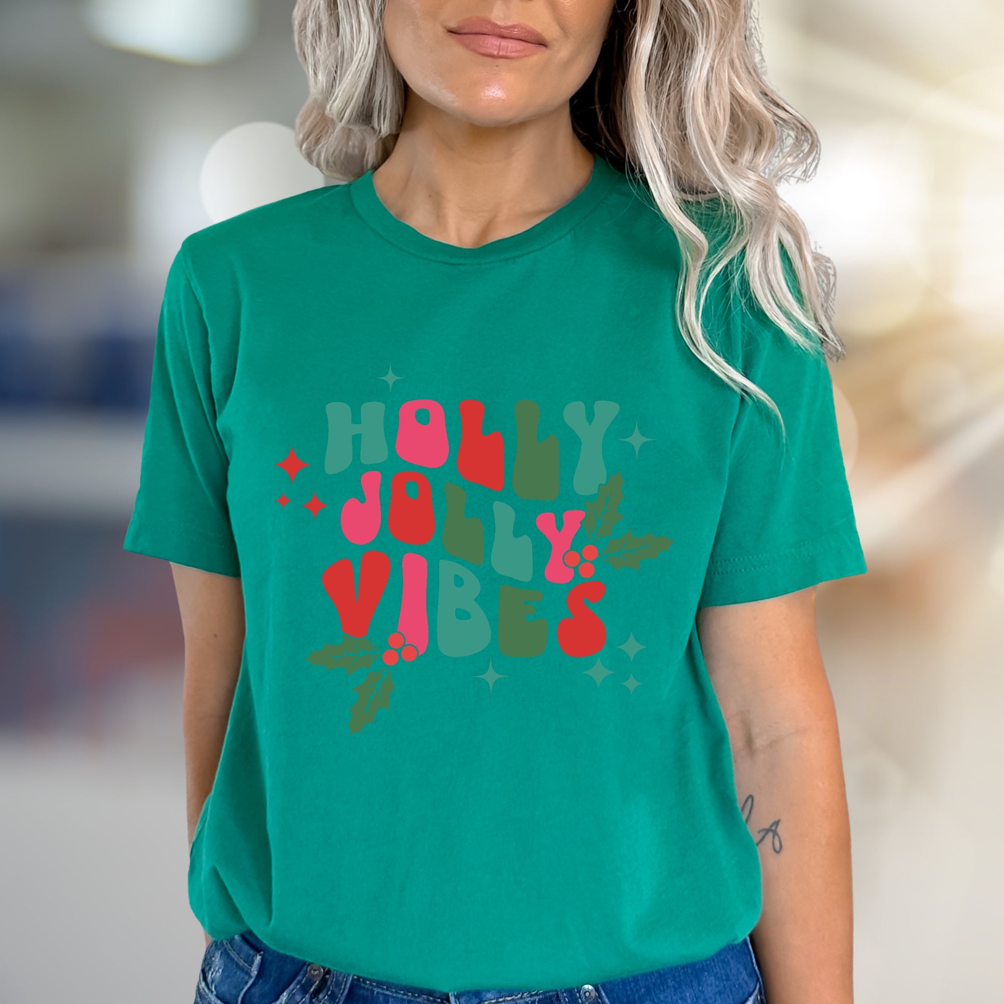 "Holly Jolly Vibes" Retro Holiday Graphic Tee, a Festive Pick for Christmas Lovers