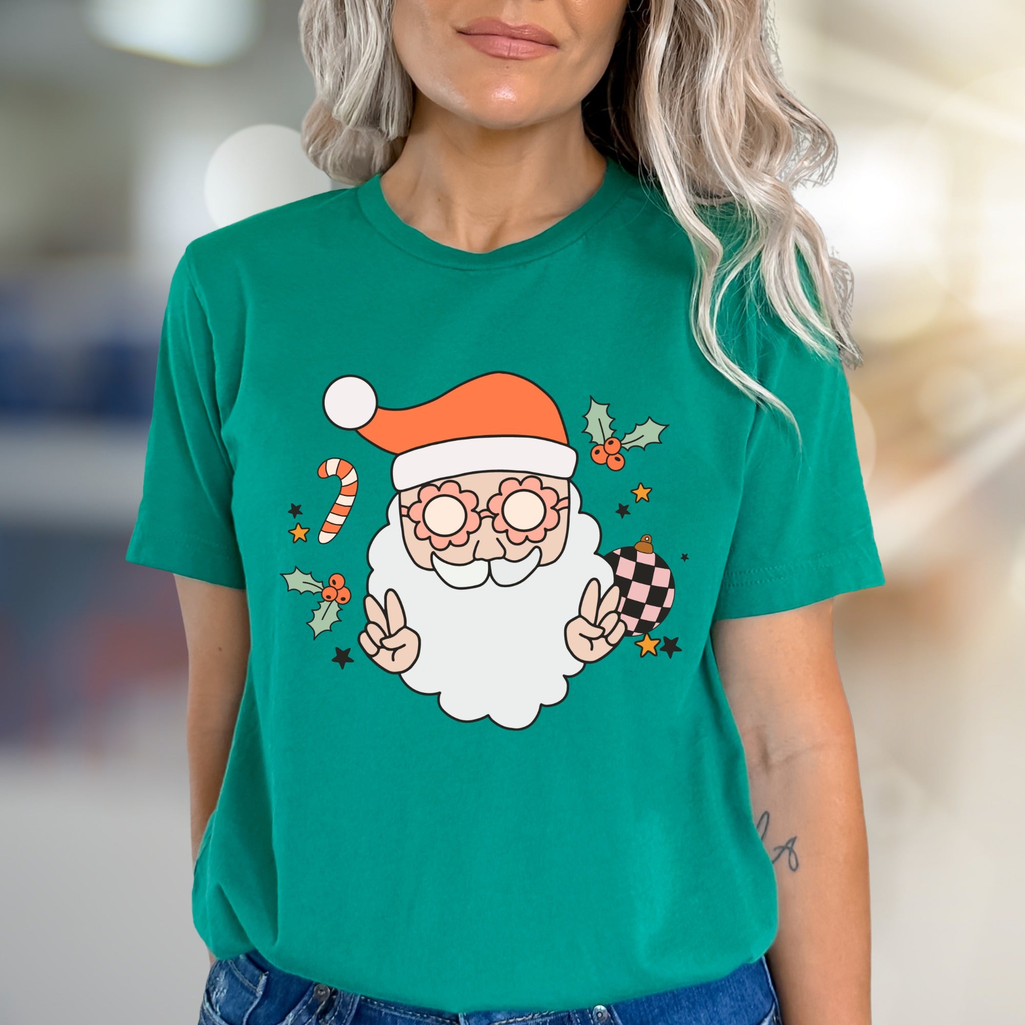 Funky Santa Peace Sign Holly Jolly Christmas Graphic Tee, a Retro Holiday Pick for Everyone