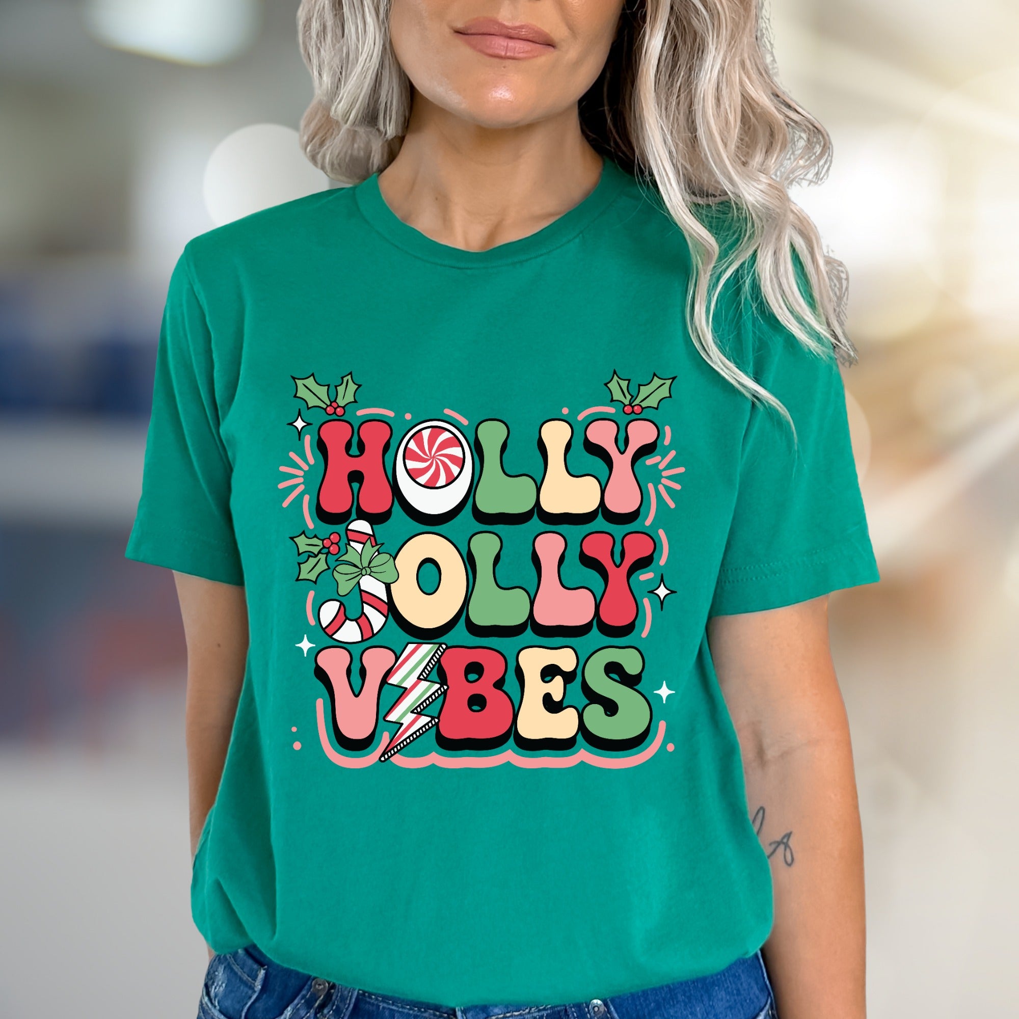 "Holly Jolly Vibes" Retro Christmas Graphic Tee, a Festive Pick for Holiday Enthusiasts