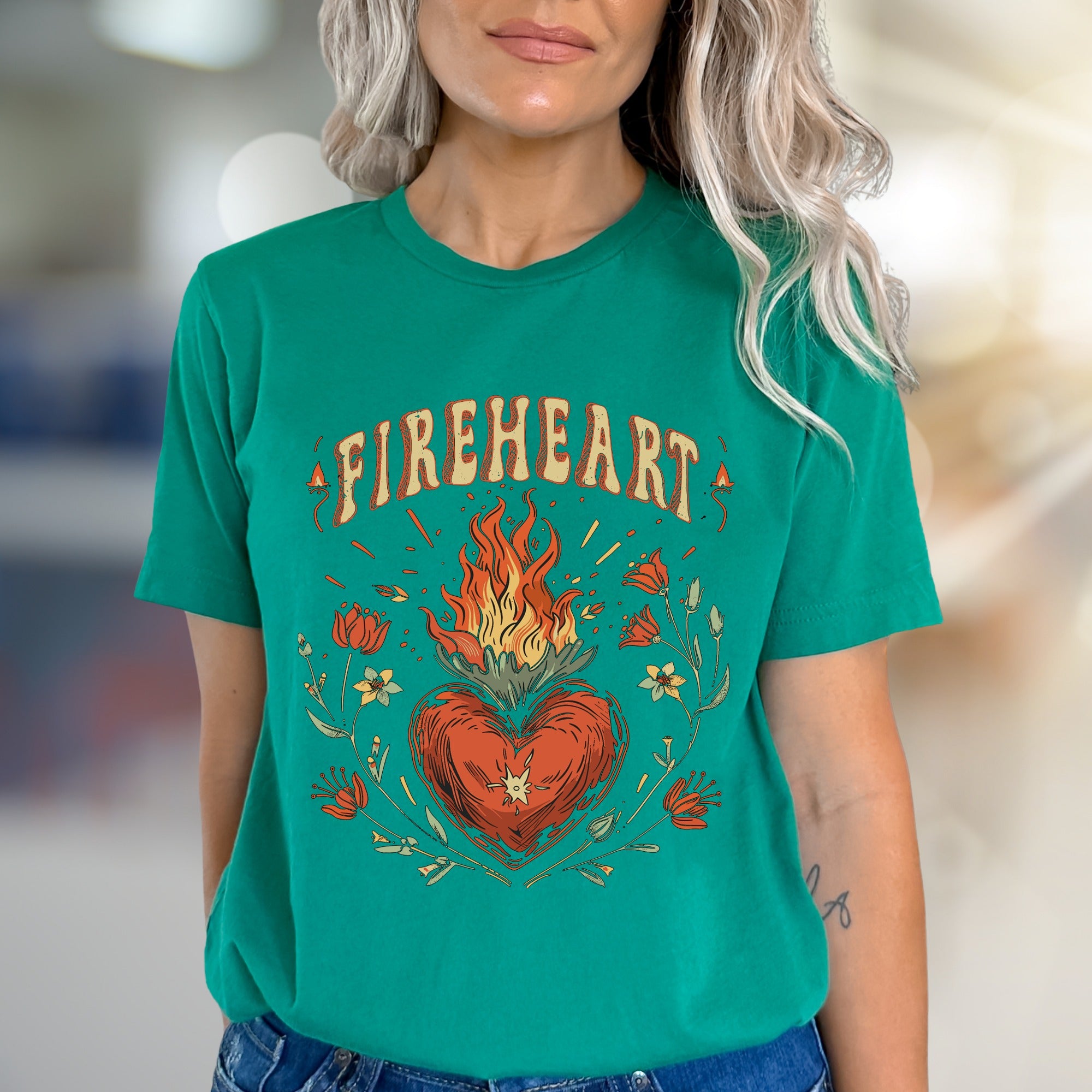 "FIREHEART" Mystical Bloom Graphic Tee, a Boho Chic Pick for Free Spirits