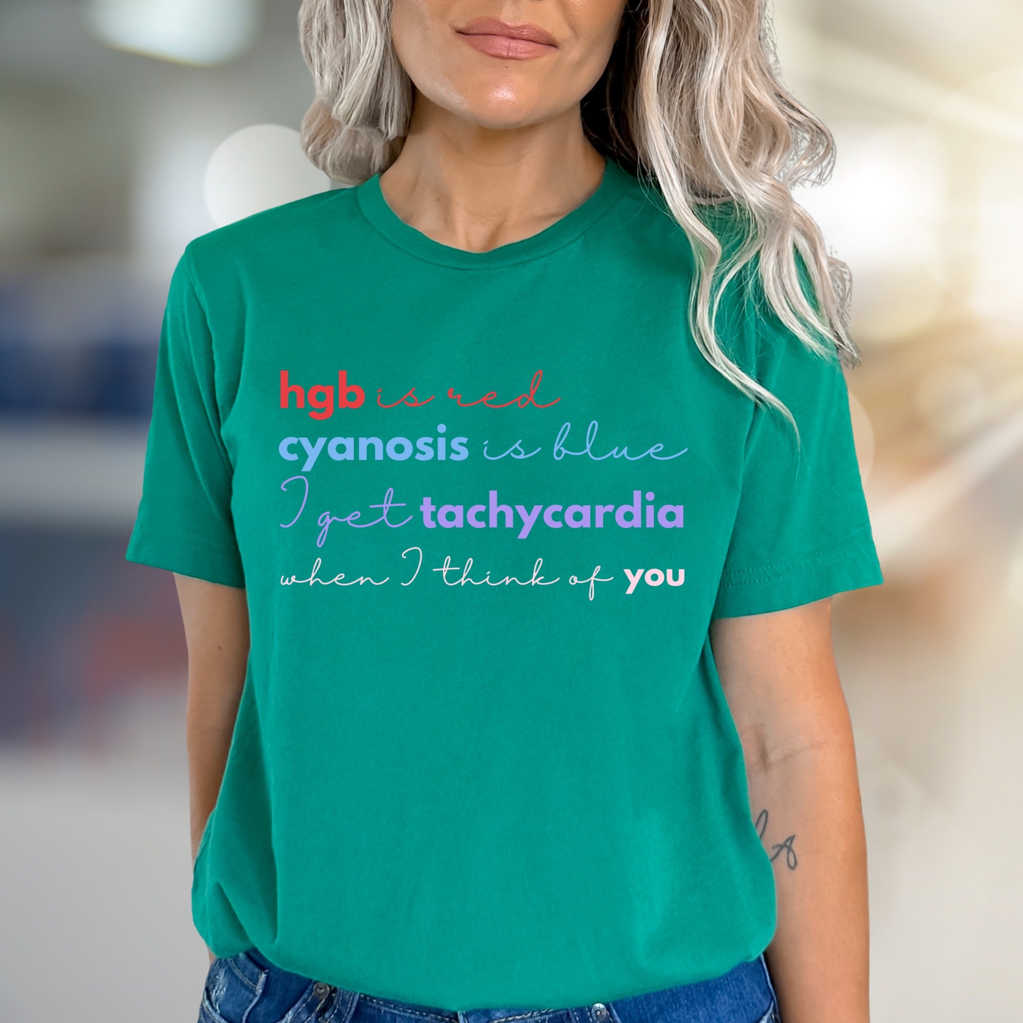"hgb is red cyanosis is blue" Medical Love Graphic Tee, a Quirky Pick for Healthcare Pros