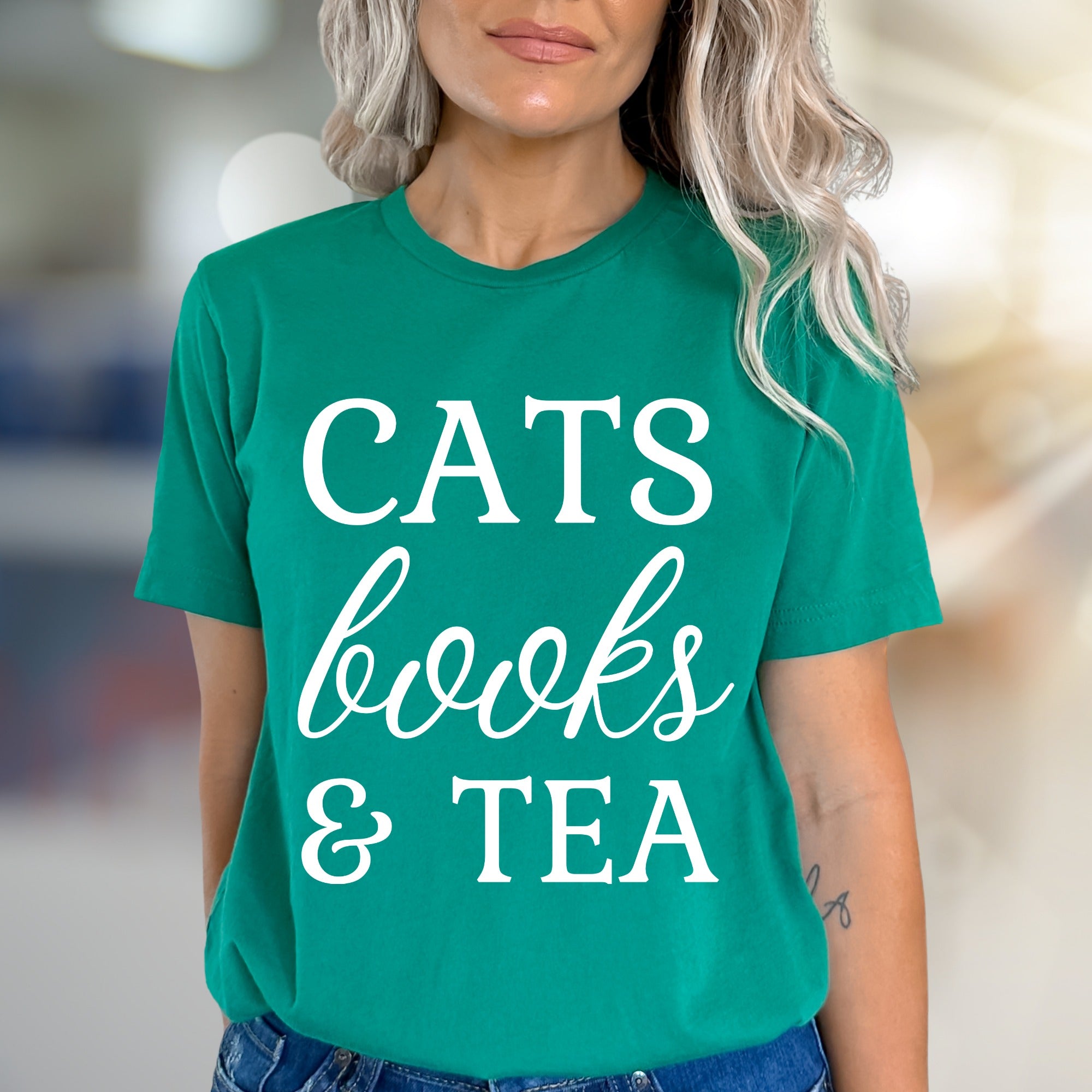 "CATS books & TEA" Cozy Lifestyle Graphic Tee, a Comfort Pick for Introverts