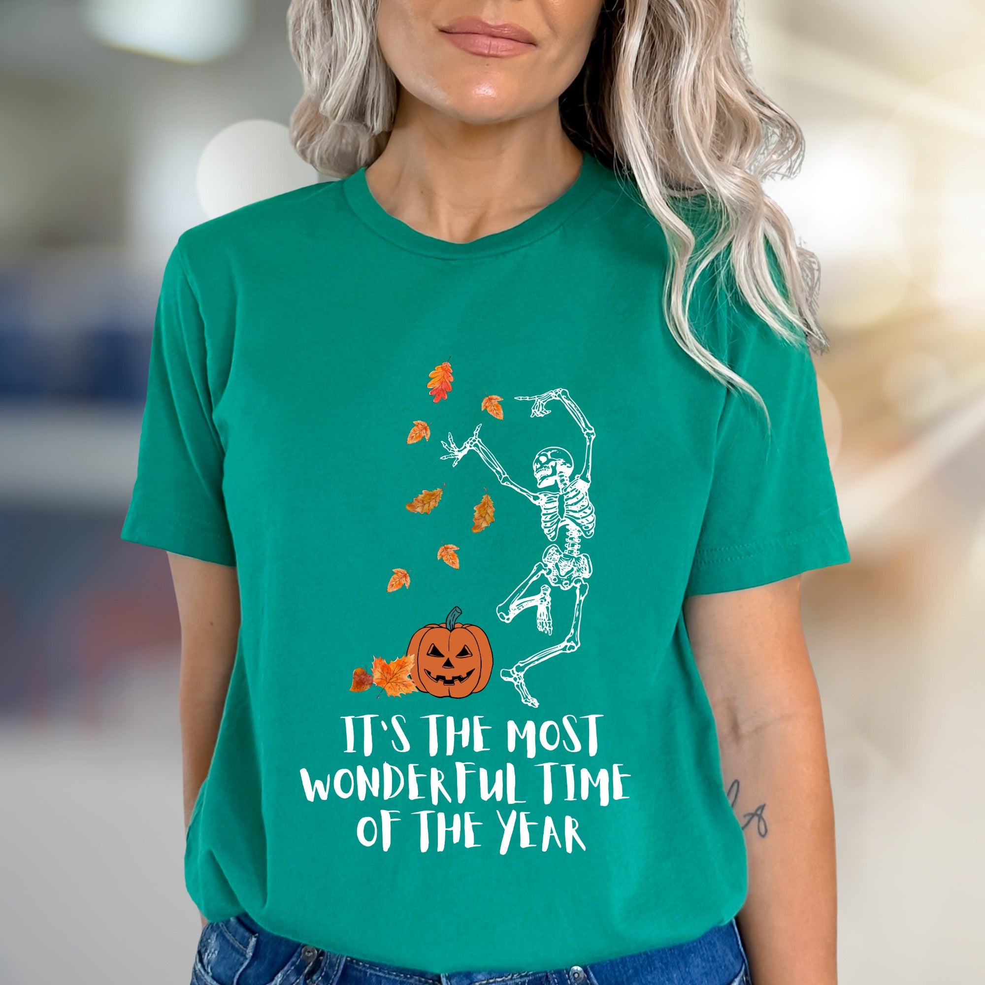 It's the Most Wonderful Time of the Year Halloween Skeleton Graphic Tee, a Spooky Season Pick for Fall Enthusiasts