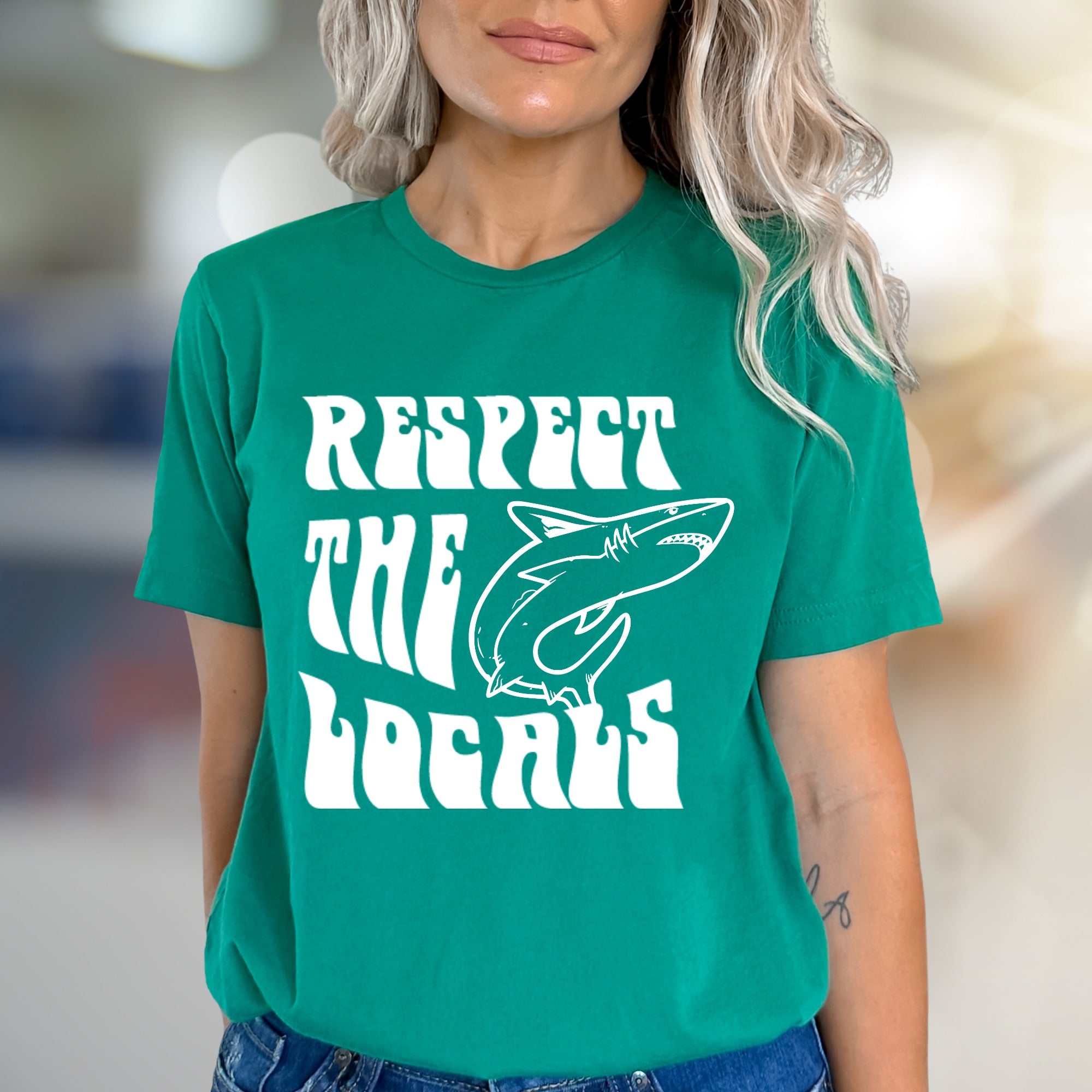 "Respect The Locals" Shark Graphic Tee, A Coastal-Cool Pick for Ocean Lovers