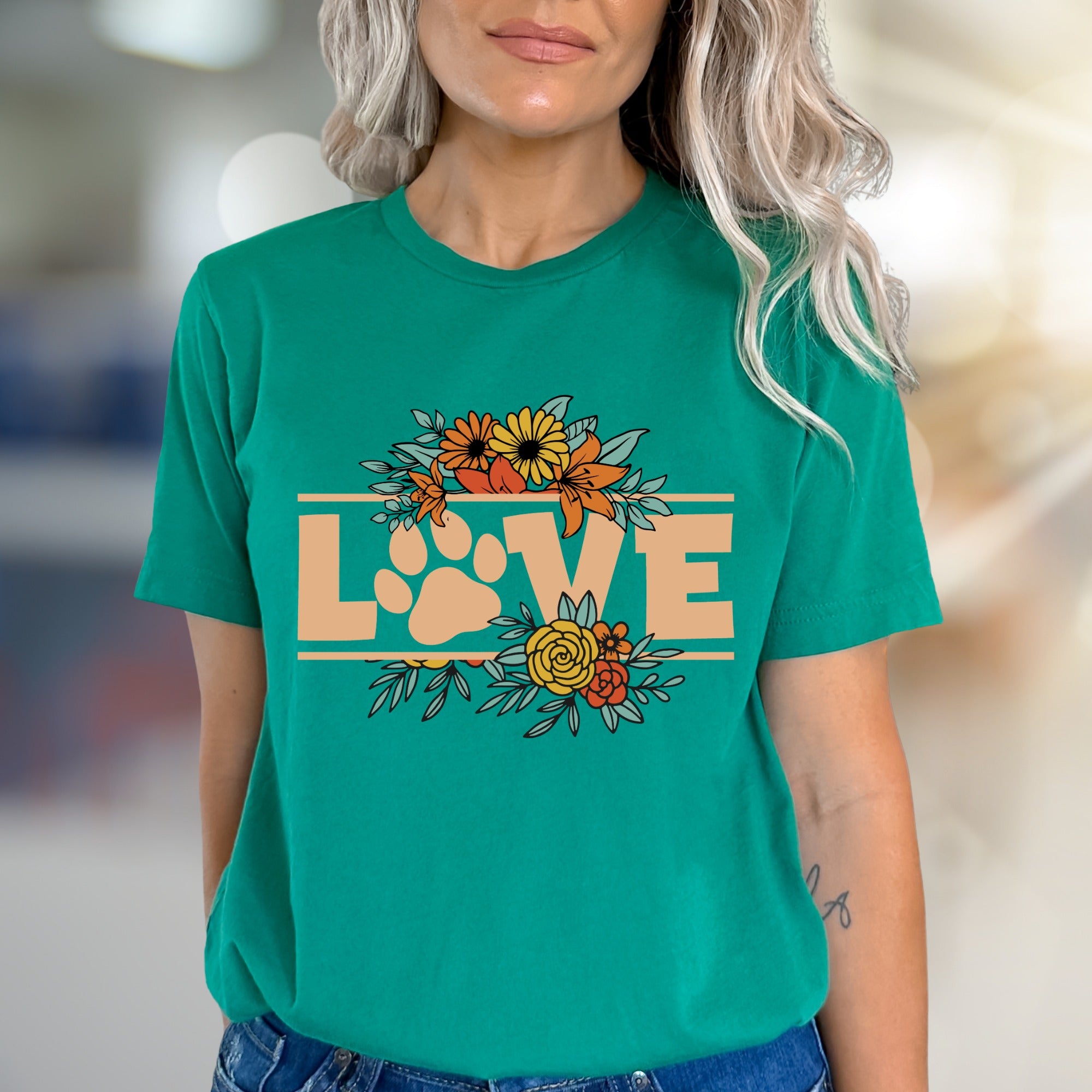"LOVE" Floral Paw Print Graphic Tee, a Bohemian Pet Lover's Pick for Everyday Style
