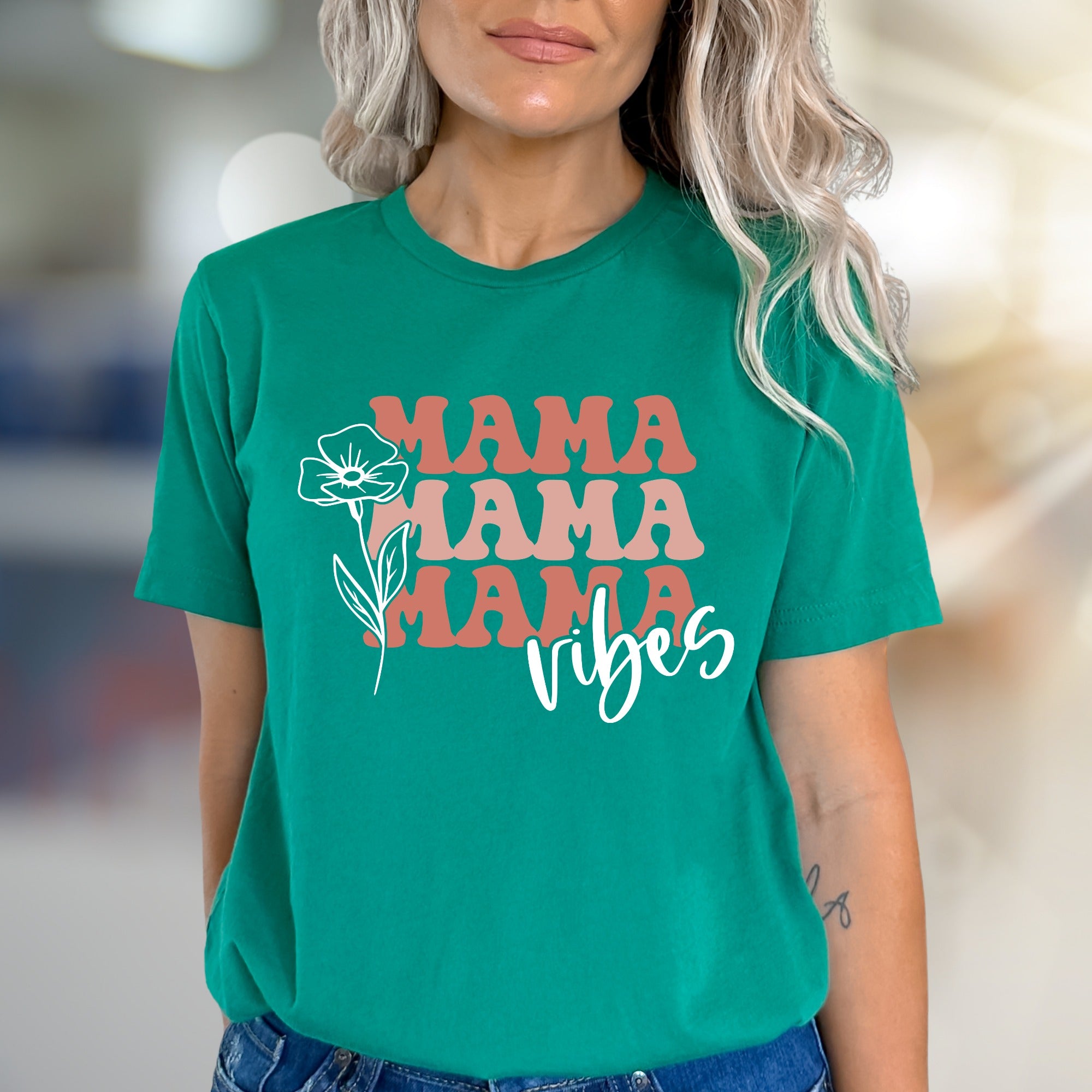 "Mama Mama Mama Vibes" Floral Graphic Tee, a Boho Chic Pick for Trendy Moms