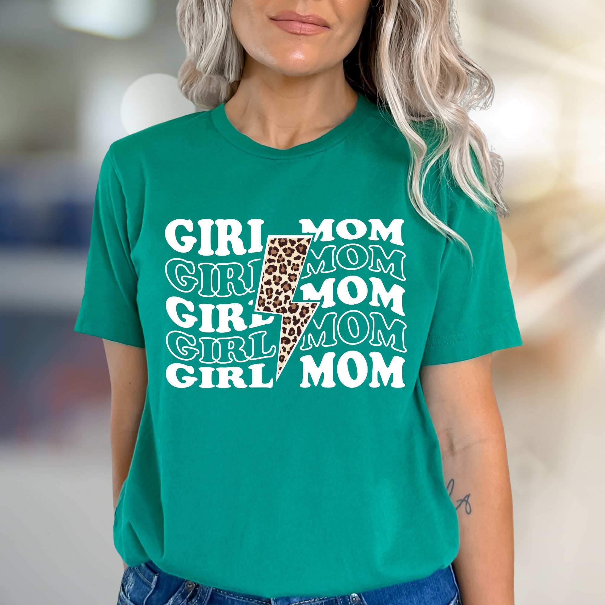 "GIRL MOM" Leopard Lightning Bolt Graphic Tee, a Strong Mama Pick for Everyday Wear