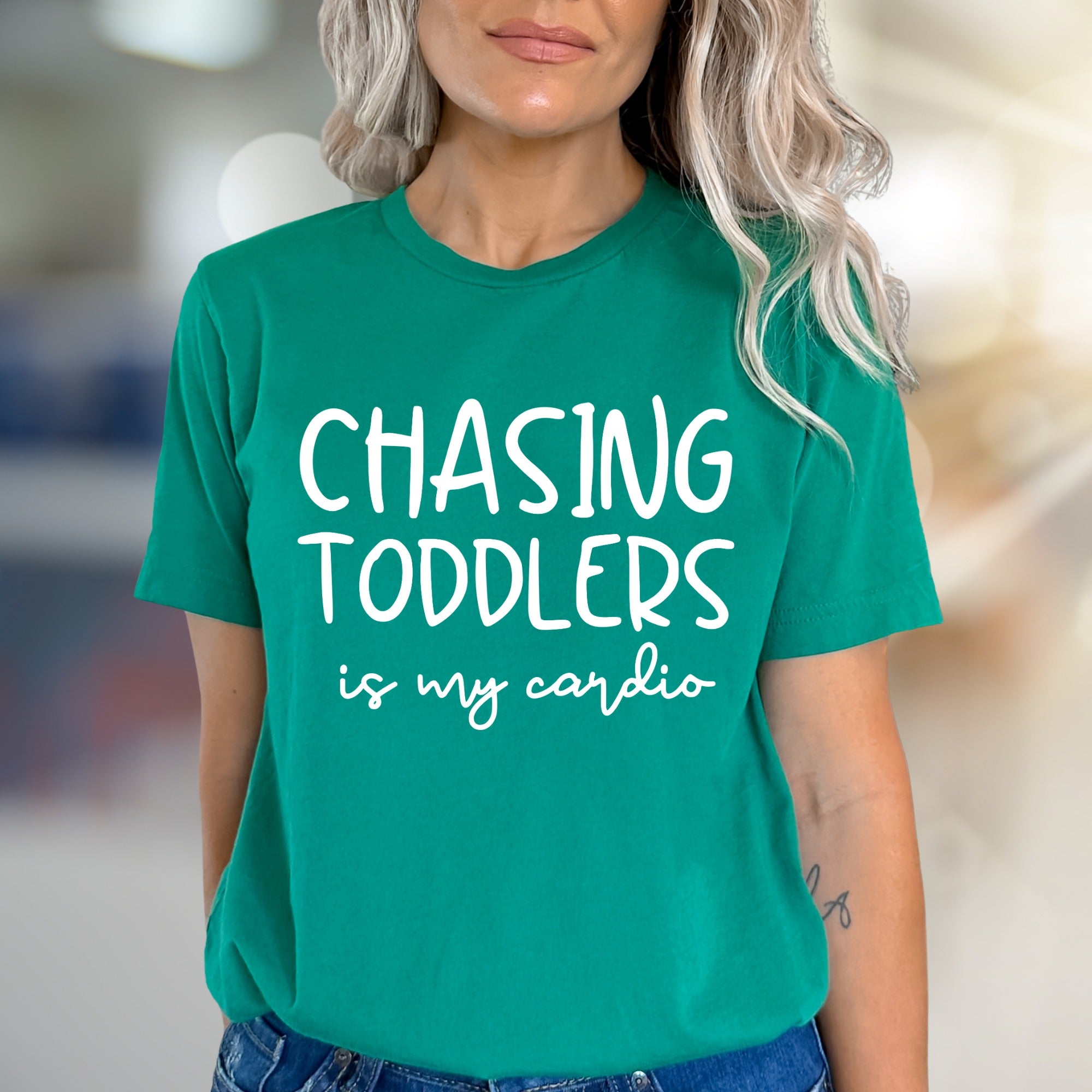 "Chasing Toddlers Is My Cardio" Parent Life Graphic Tee, a Humorous Pick for Moms & Dads