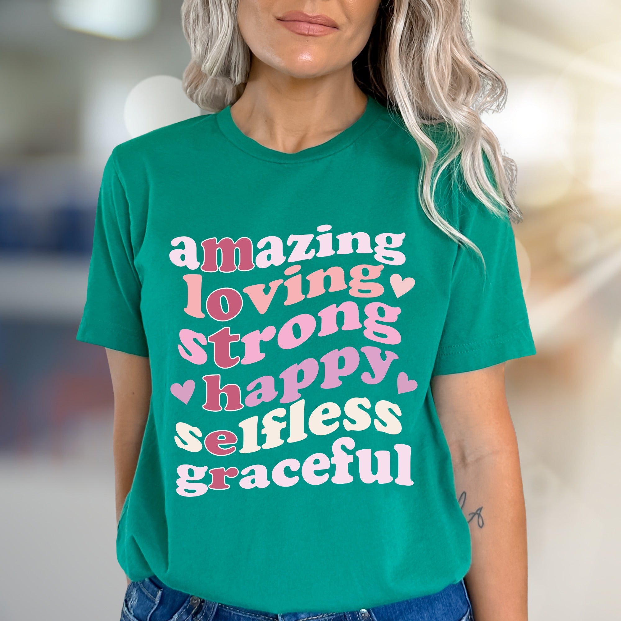 "Amazing Loving Strong Happy Selfless Graceful" Empowering Groovy Graphic Tee, a Self-Love Pick for Her