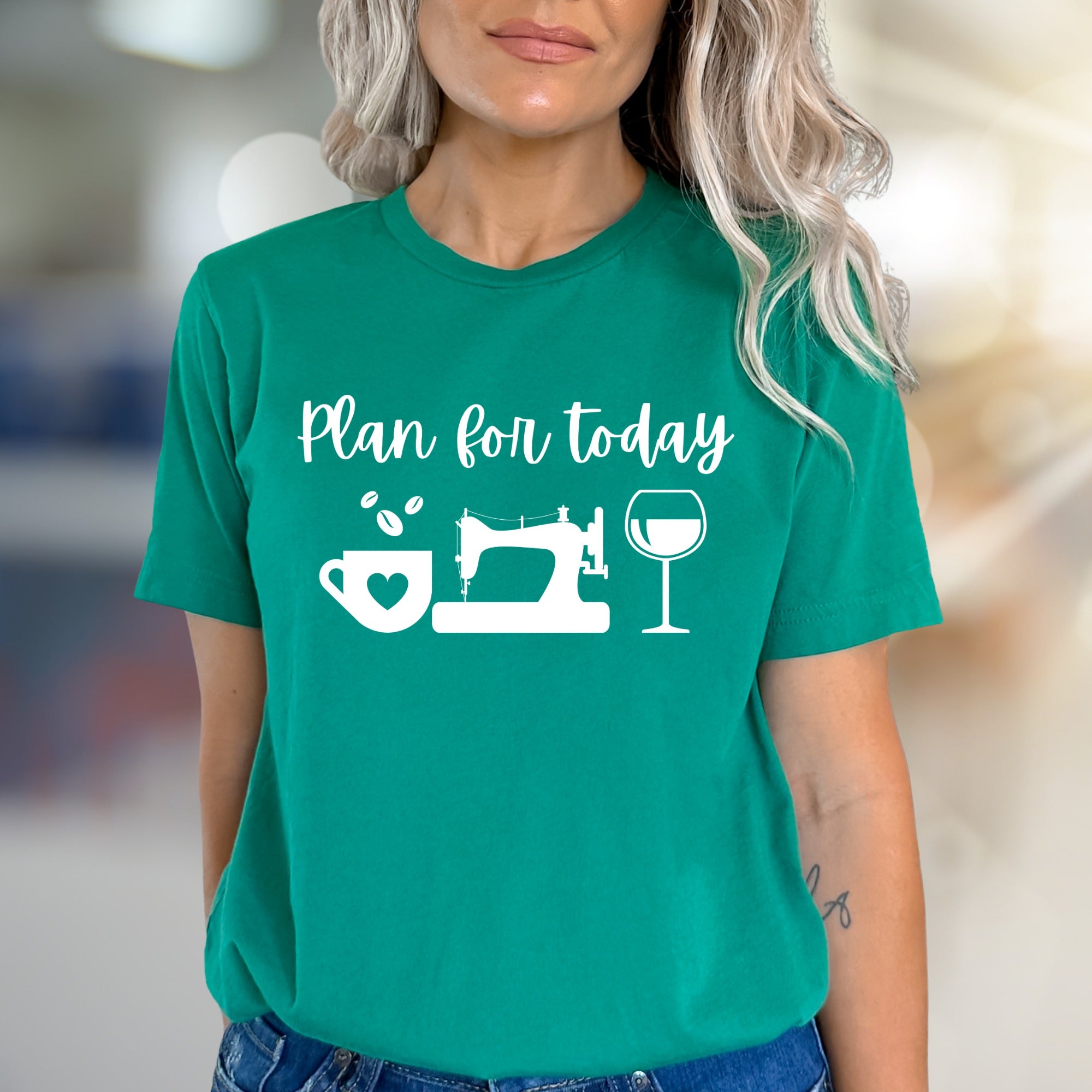 "Plan for Today" Coffee Sewing Wine Graphic Tee, a Crafty Lifestyle Pick for Artisans