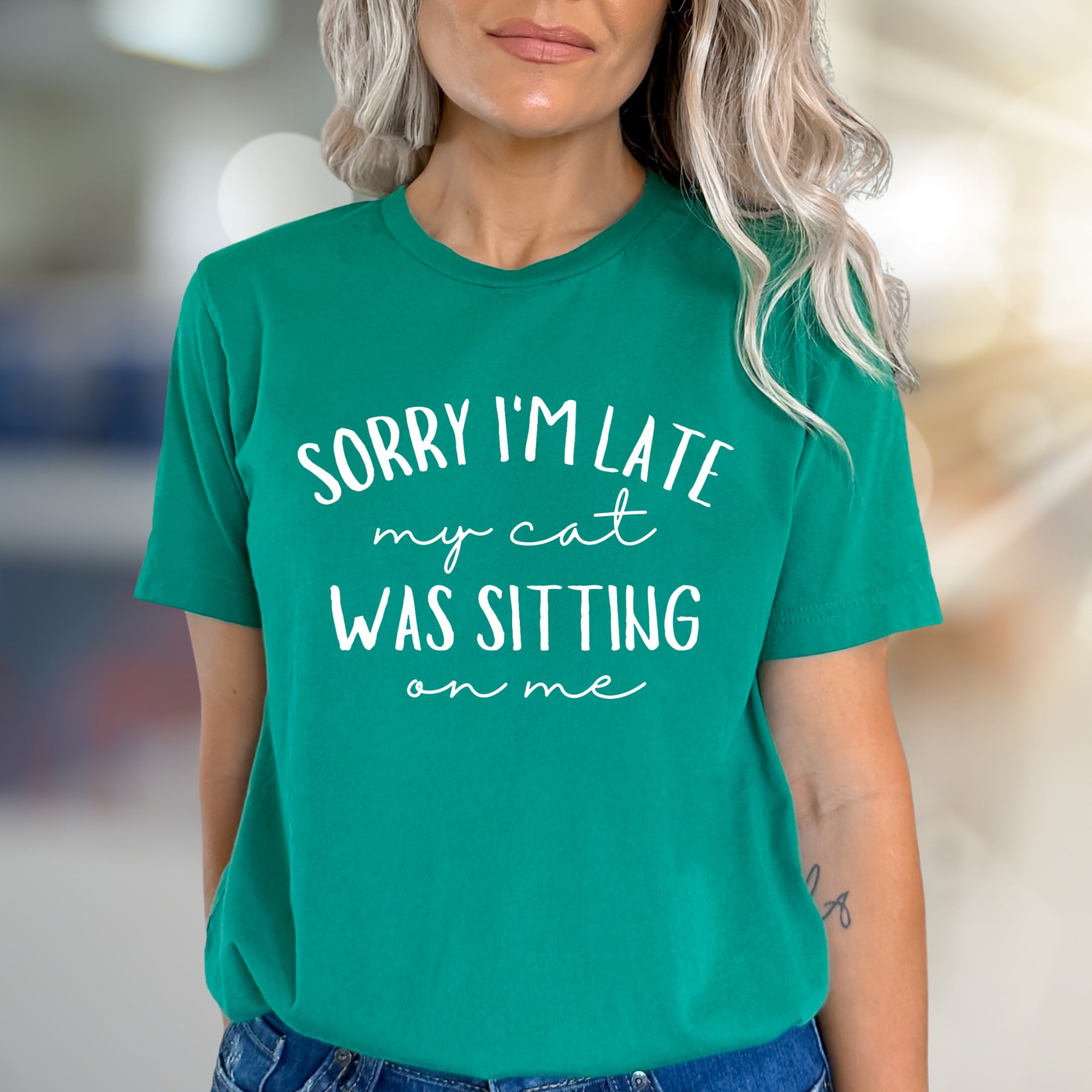 "Sorry I'm Late My Cat Was Sitting On Me" Funny Cat Graphic Tee, A Relatable Pet Lover Pick for Everyday Humor