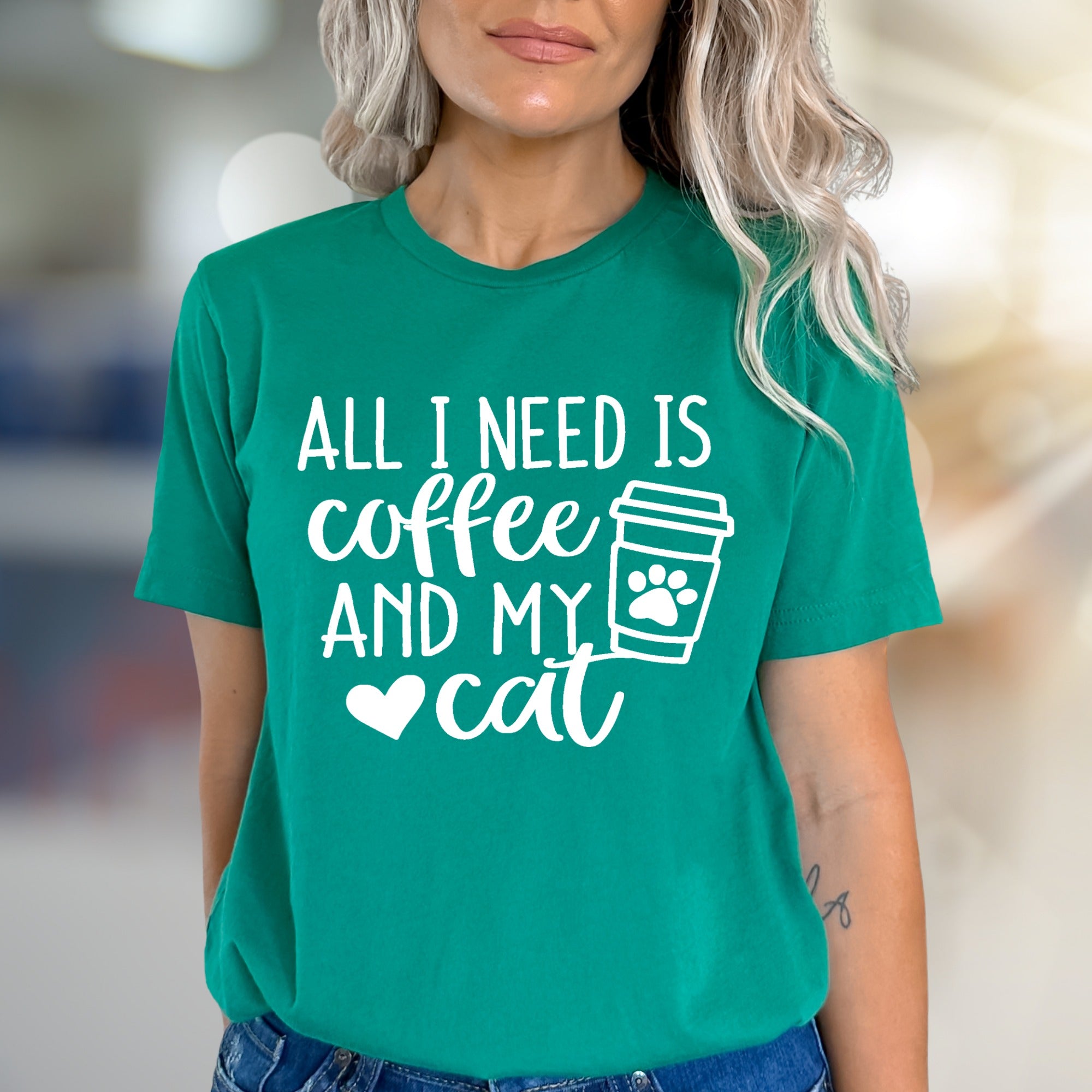 "All I Need is Coffee and My Cat" Cute Coffee Lover Graphic Tee, a Pet-Themed Pick for Daily Wear