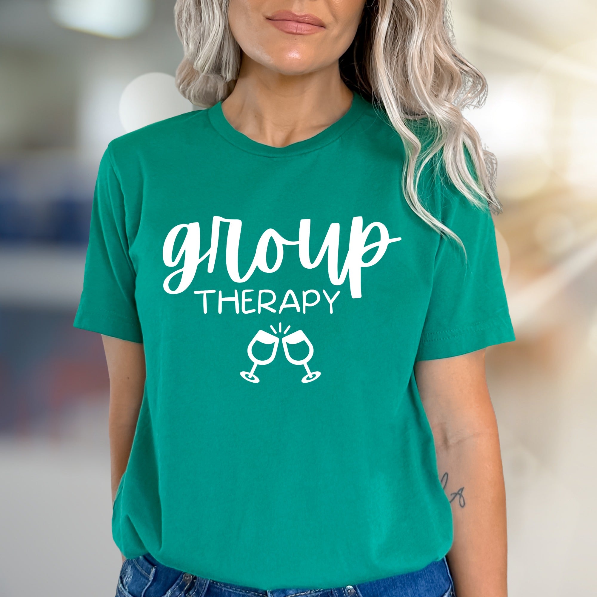 "Group Therapy" Wine Glasses Graphic Tee, a Social Pick for Fun-Loving Friends