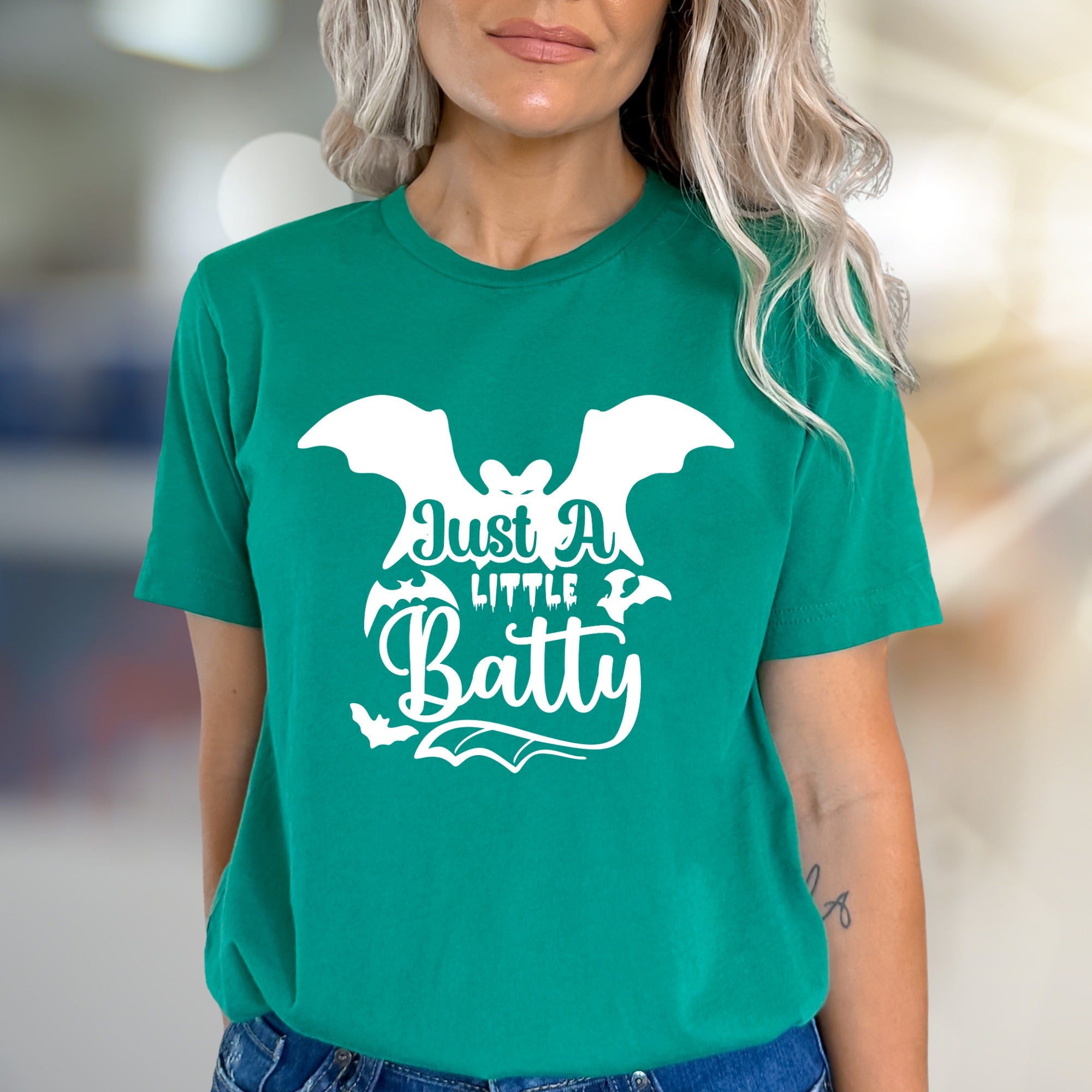 "Just A Little Batty" Halloween Bat Graphic Tee, a Spooky Pick for Festive Fans