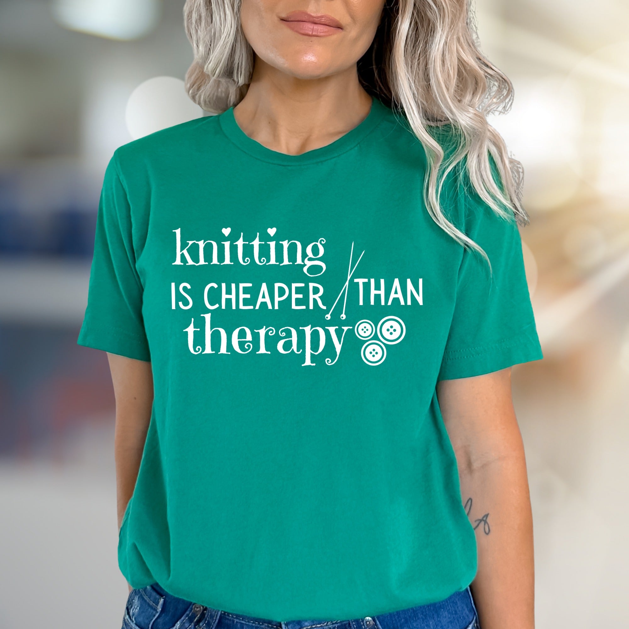 "Knitting is Cheaper Than Therapy" Crafty Graphic Tee, A Creative Comfort Pick for Makers