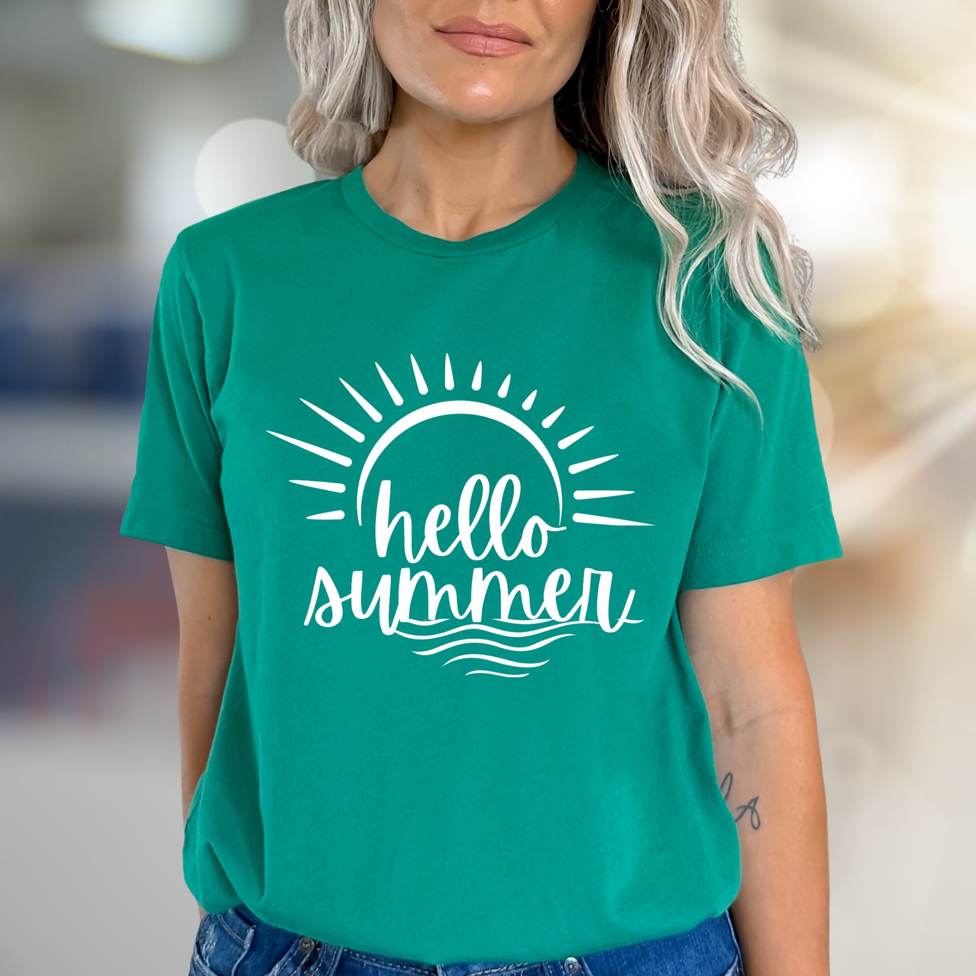 "hello summer" Sun & Wave Graphic Tee, a Vacation Style Pick for Beach Lovers