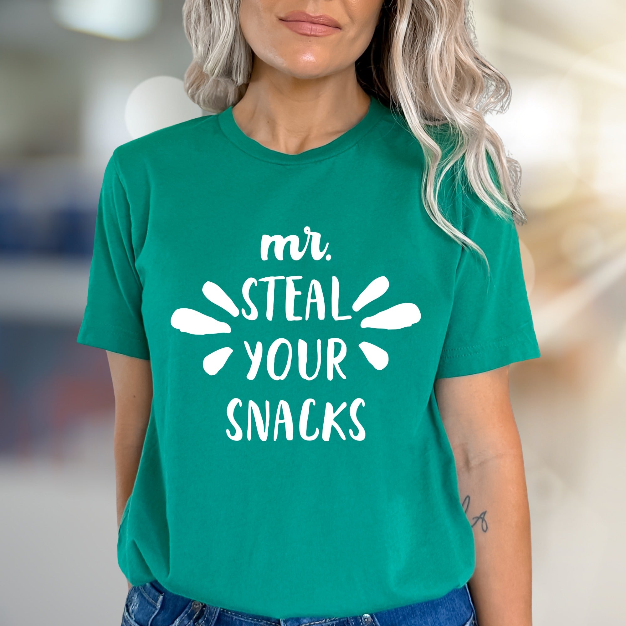 "Mr. Steal Your Snacks" Funny Graphic Tee, a Playful Pick for Snack Lovers