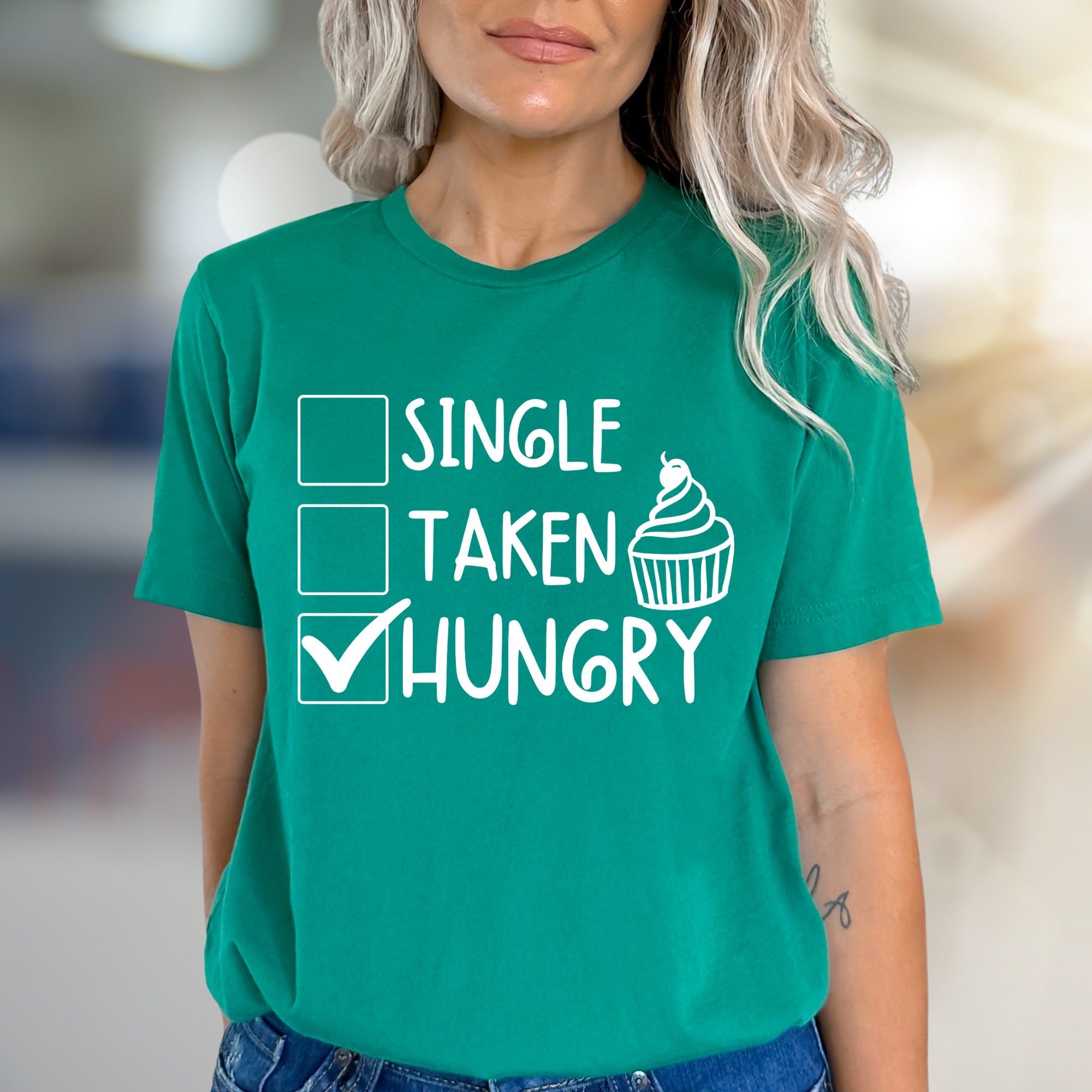 "Single, Taken, Hungry" Funny Graphic Tee, a Quirky Pick for Foodies