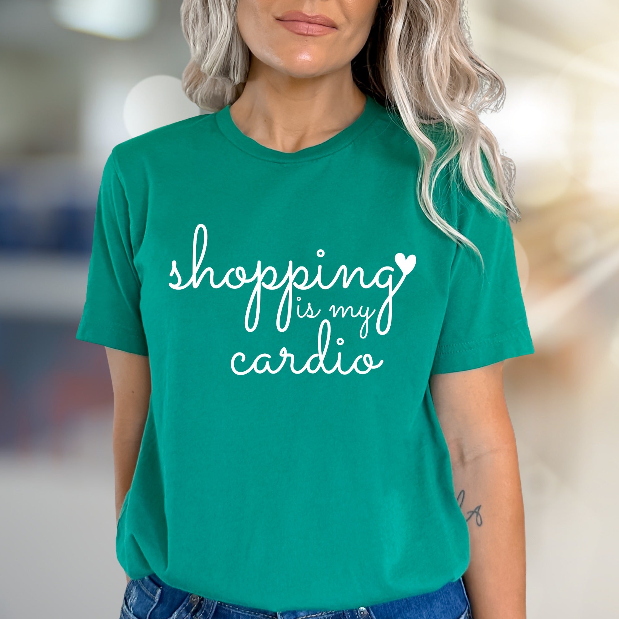 "Shopping is My Cardio" Script Graphic Tee, a Humorous Pick for Fashionistas