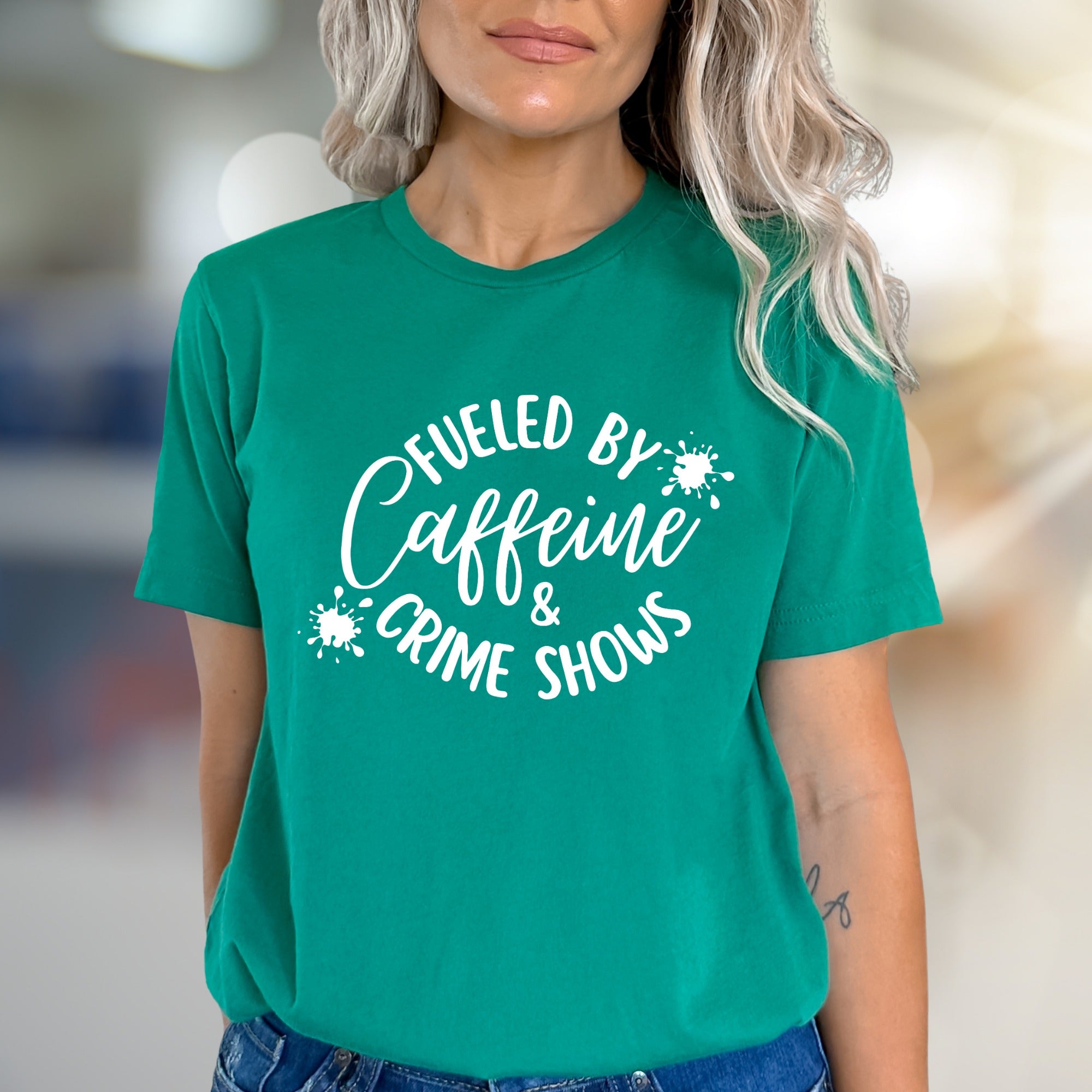 "Fueled by Caffeine & Crime Shows" Cozy Vibes Graphic Tee, a Quirky Lifestyle Pick for True Crime Fans