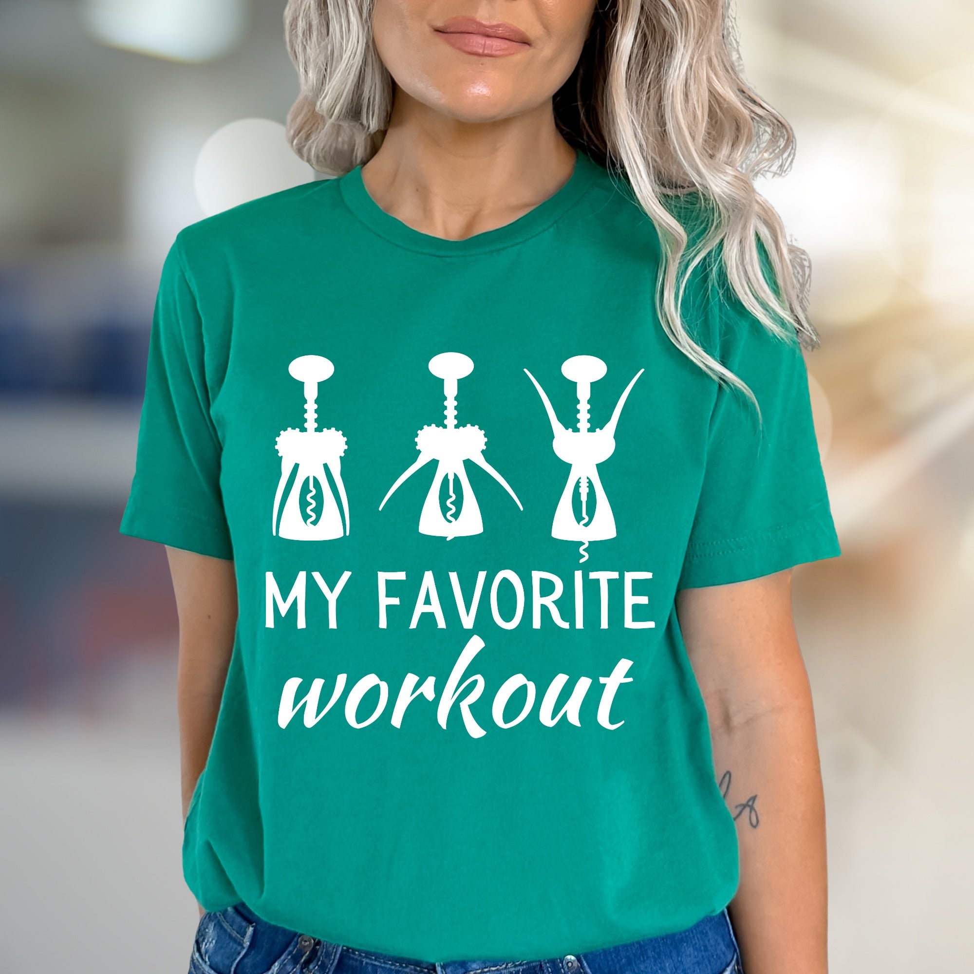 "My Favorite Workout" Wine Corkscrew Graphic Tee, a Witty Pick for Wine Lovers