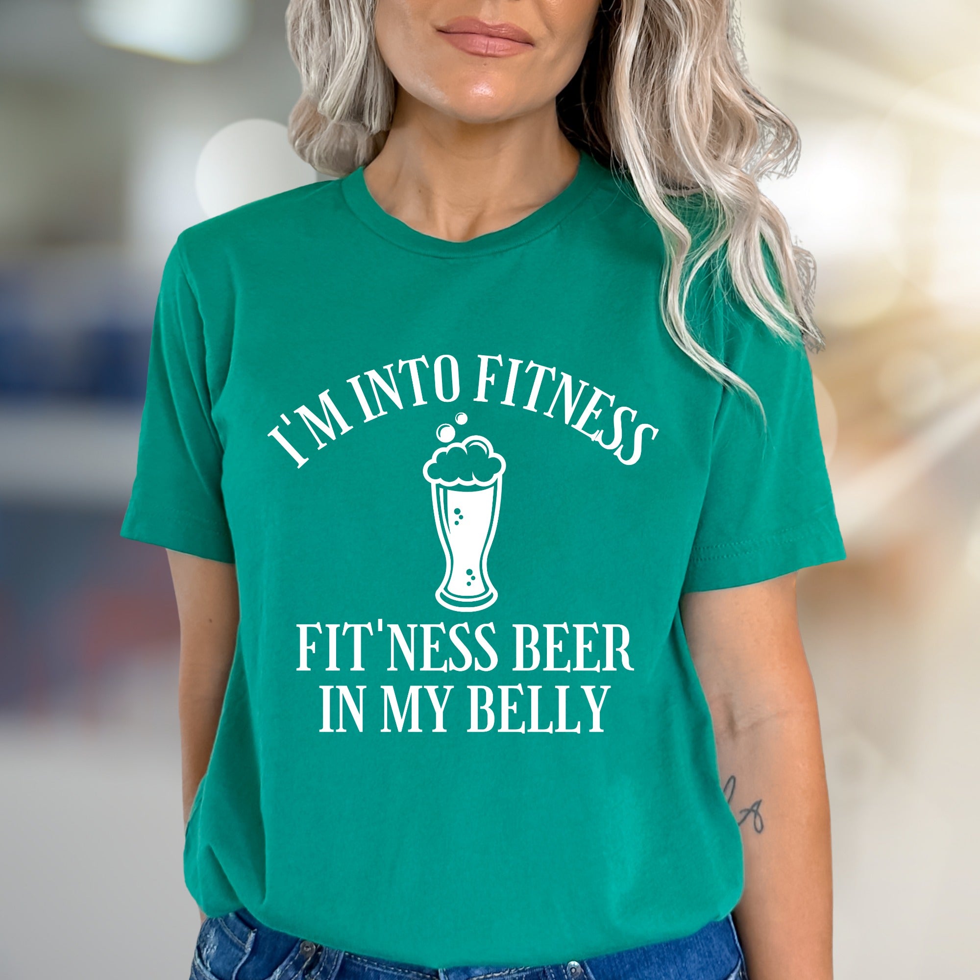 "I'm Into Fitness Fit'ness Beer In My Belly" Funny Beer Graphic Tee, A Humor-Filled Statement for Casual Wear