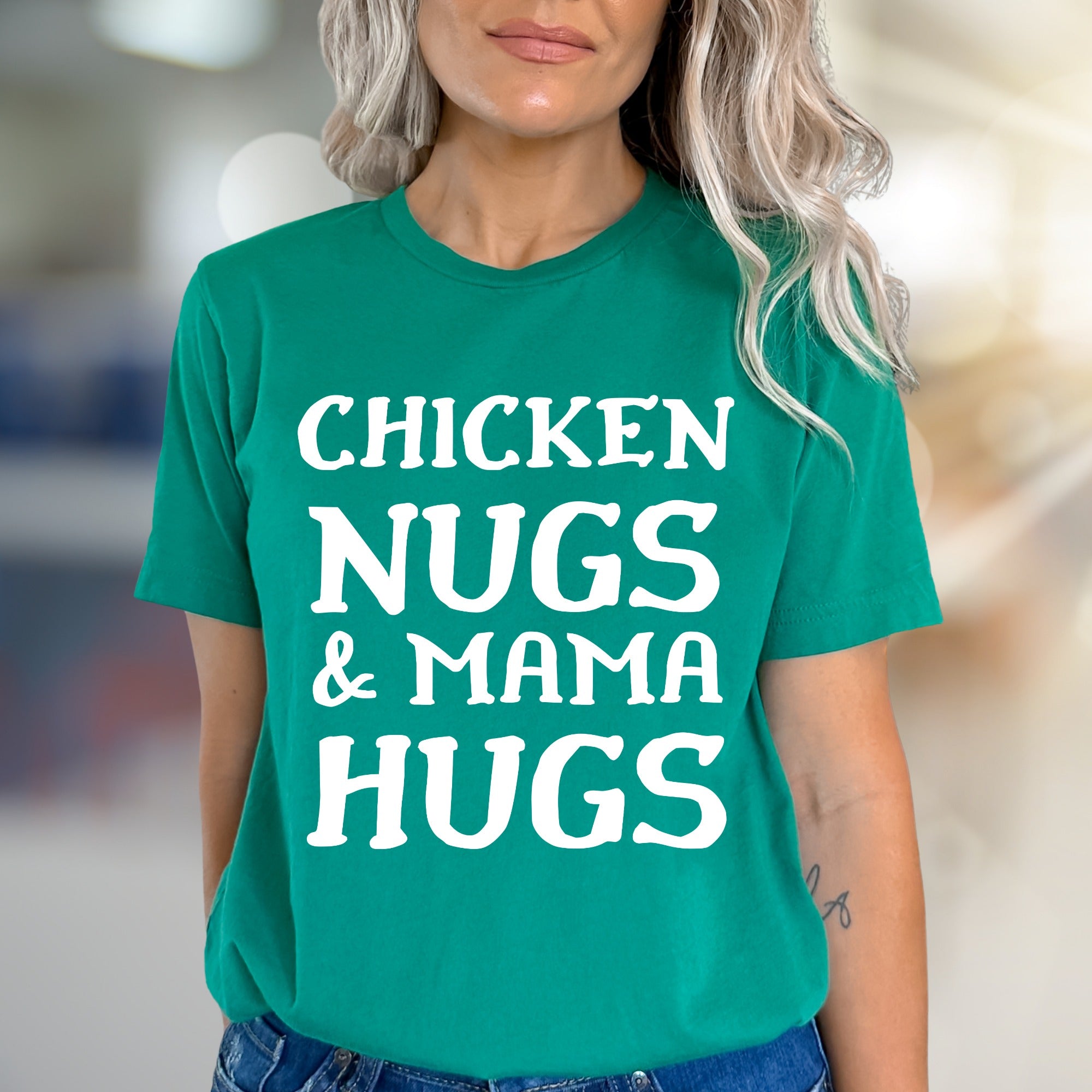 "Chicken Nugs & Mama Hugs" Whimsical Mom Life Graphic Tee, a Comfort-First Choice for Everyday