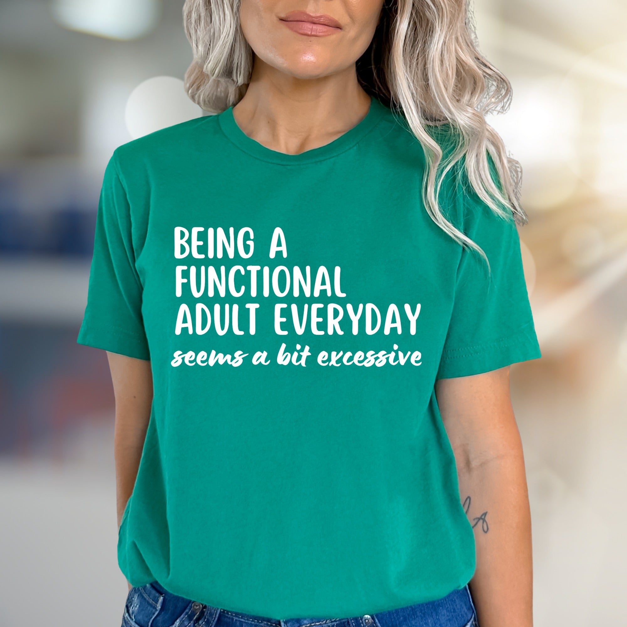 "BEING A FUNCTIONAL ADULT EVERYDAY" Sarcastic Statement Graphic Tee, a Humorous Pick for Fun-Loving Adults