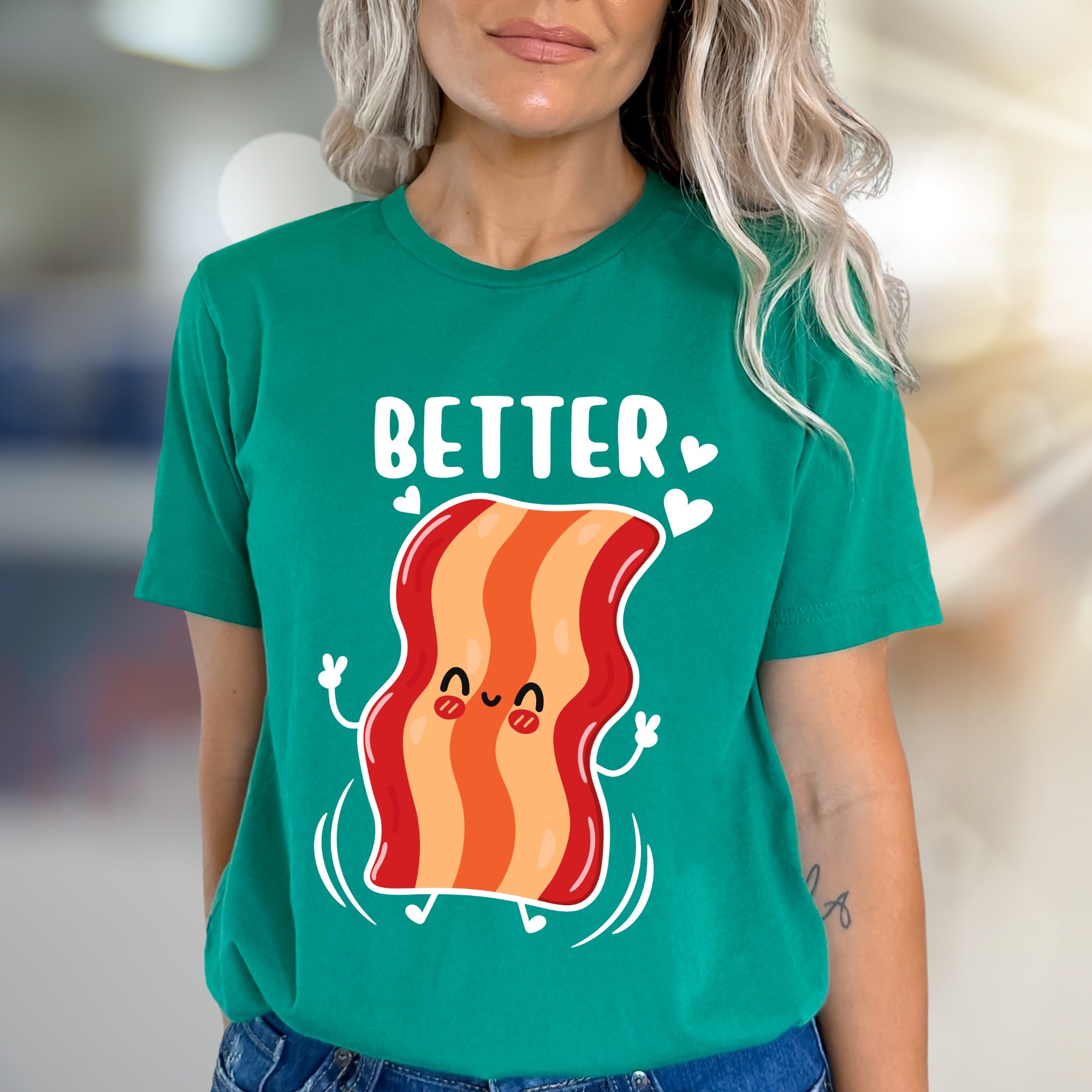 "BETTER" Cute Bacon Jumping Graphic Tee, a Fun Foodie Pick for Couples