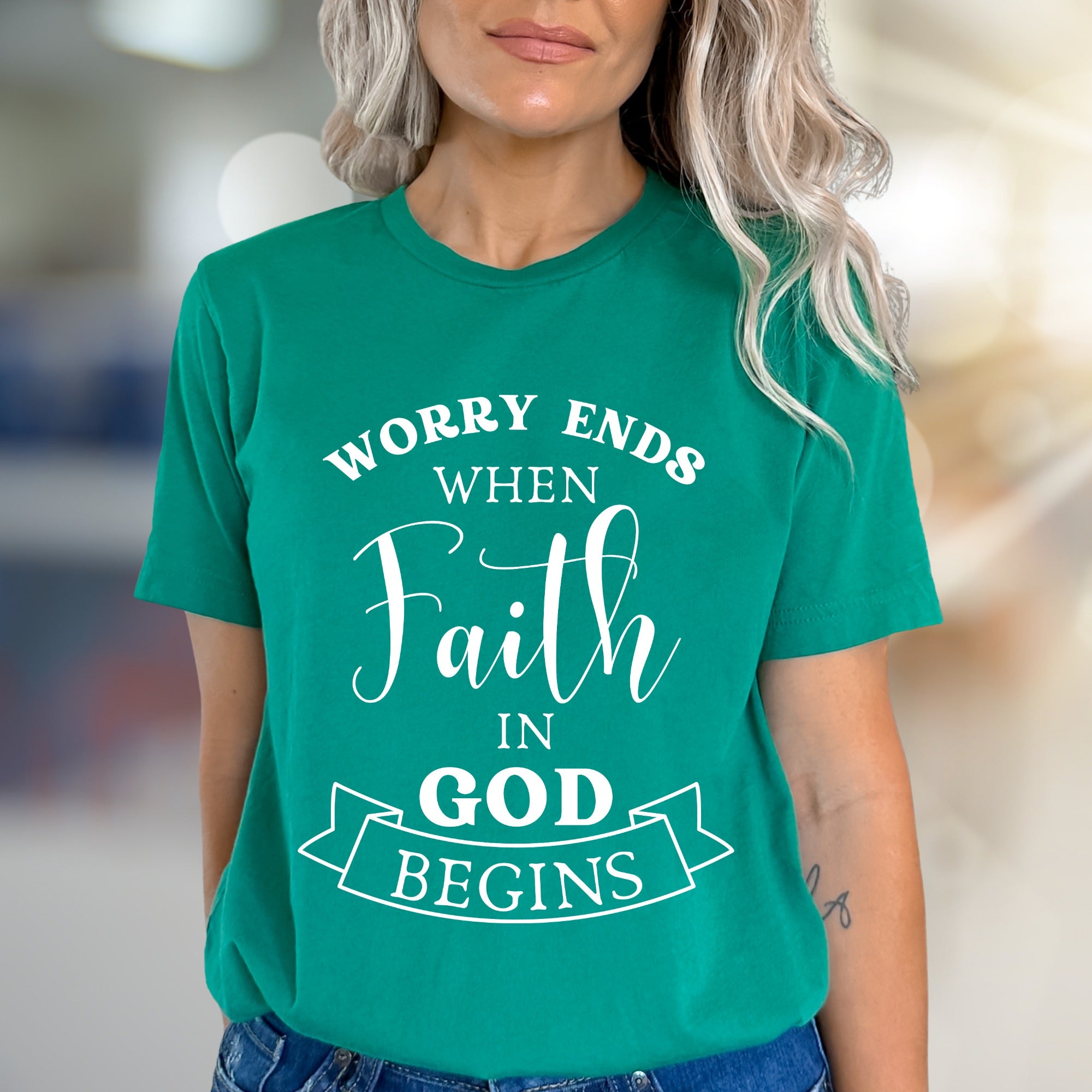 "Worry Ends When Faith in God Begins" Inspirational Graphic Tee, a Spiritual Pick for Believers