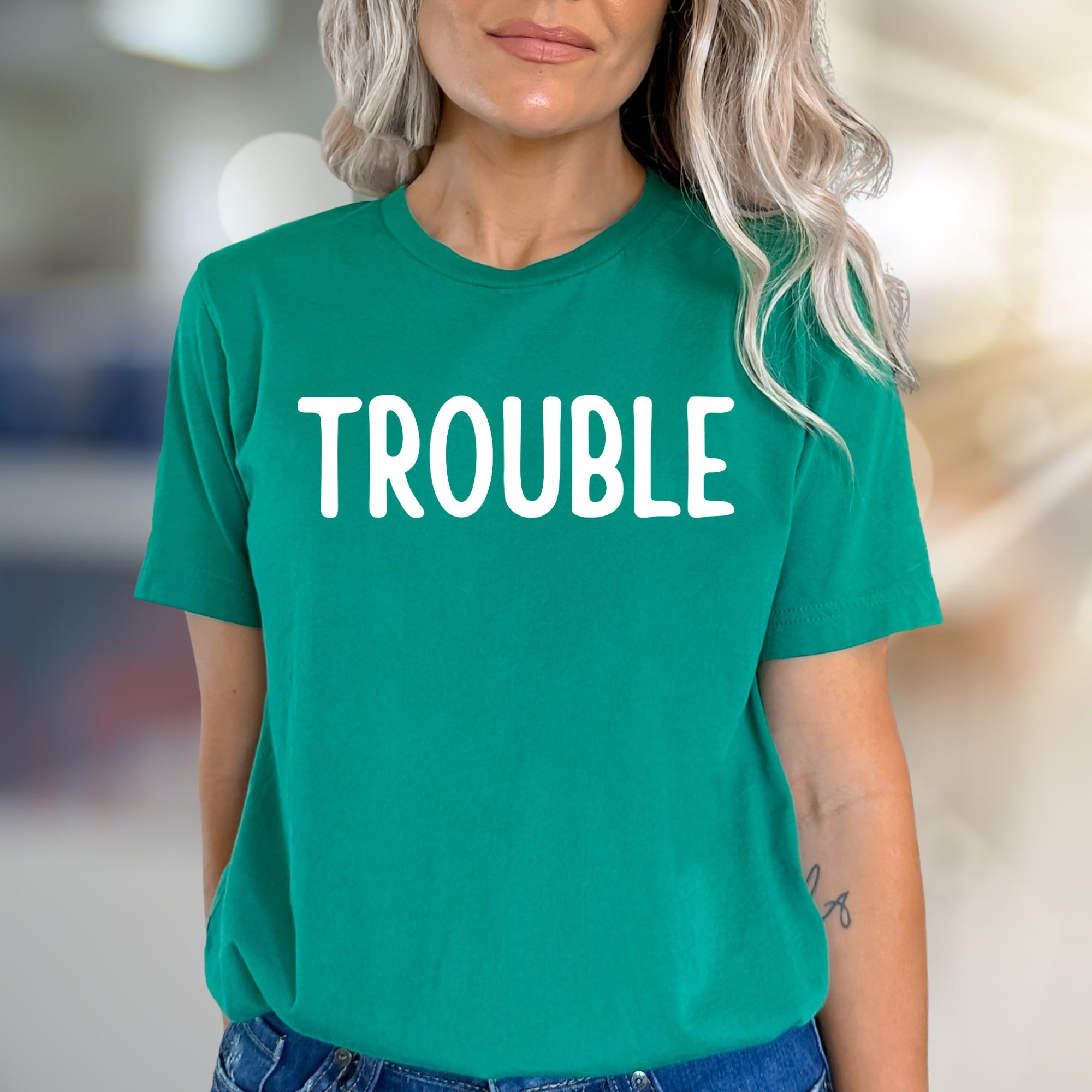 "TROUBLE" Bold Statement Graphic Tee, a Playful Pick for the Confident