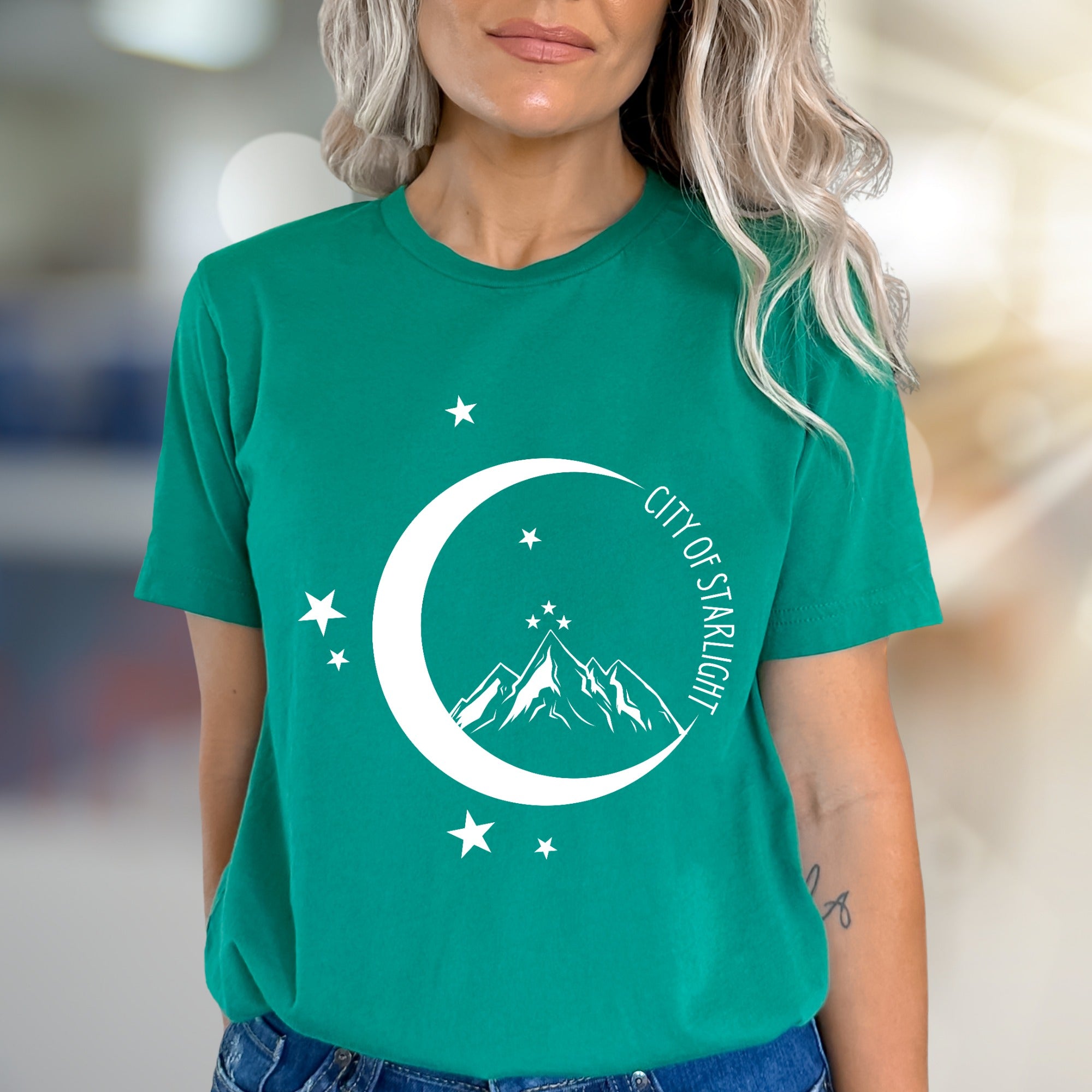 "City of Starlight" Mountain & Moon Graphic Tee, an Celestial Pick for Dreamers