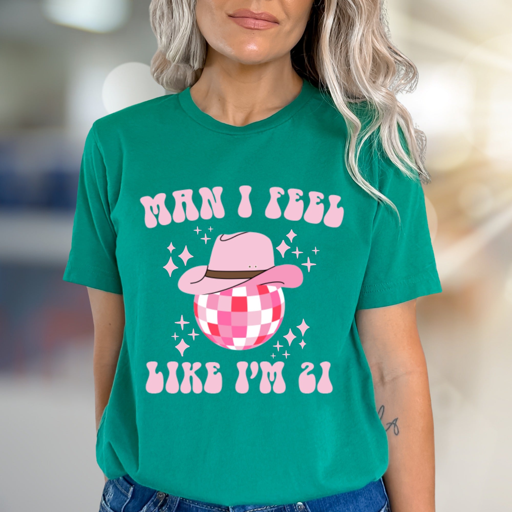 "Man I Feel Like I'm 21" Funky Bachelorette Graphic Tee, a Party Vibe Pick for Celebration Seekers