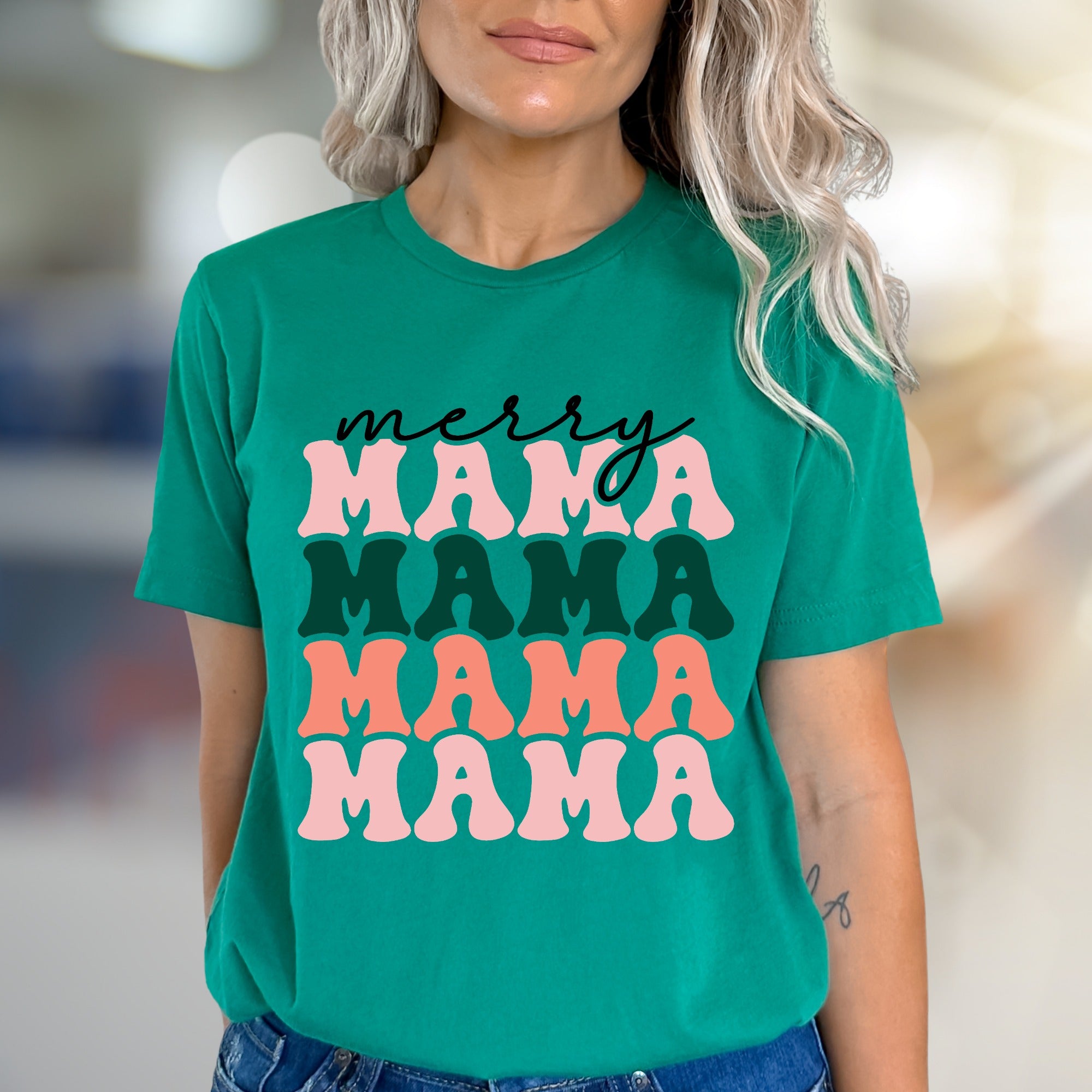 "Merry Mama Mama Mama" Retro Holiday Graphic Tee, a Festive Pick for Moms