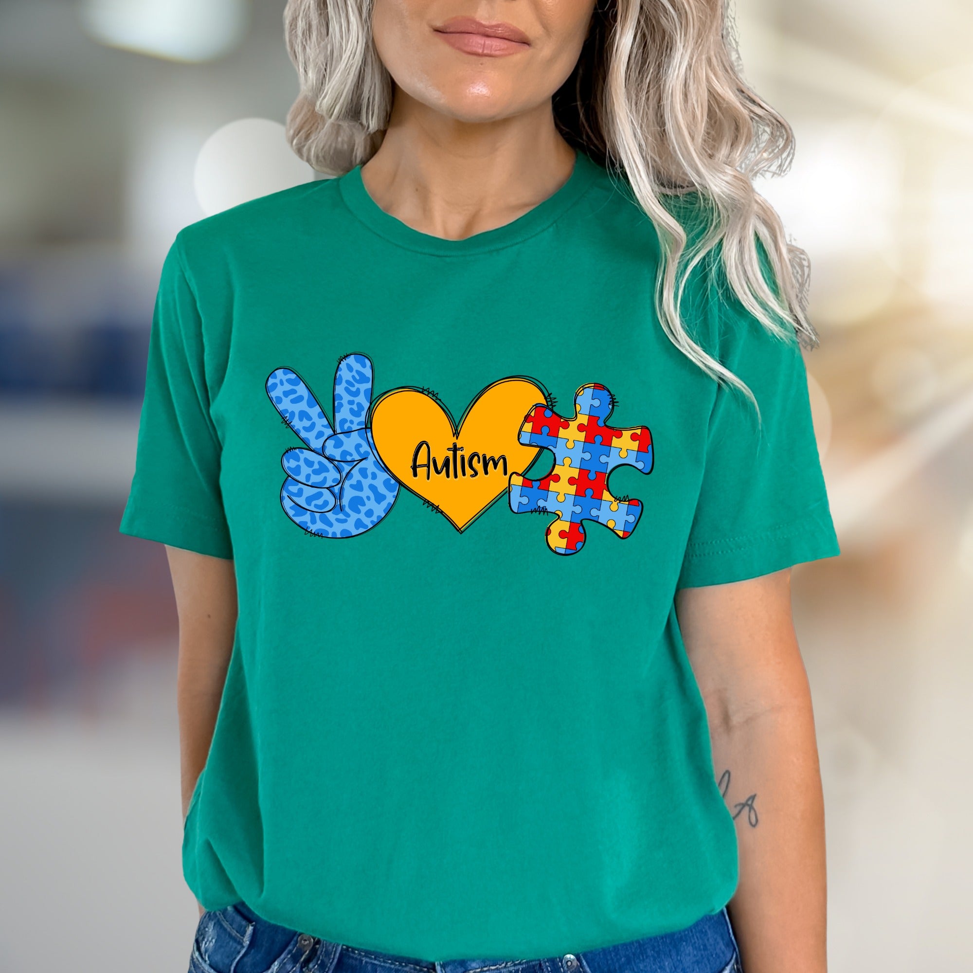 “Autism” Peace, Love & Puzzle Graphic Tee, a Supportive Awareness Pick for Advocates