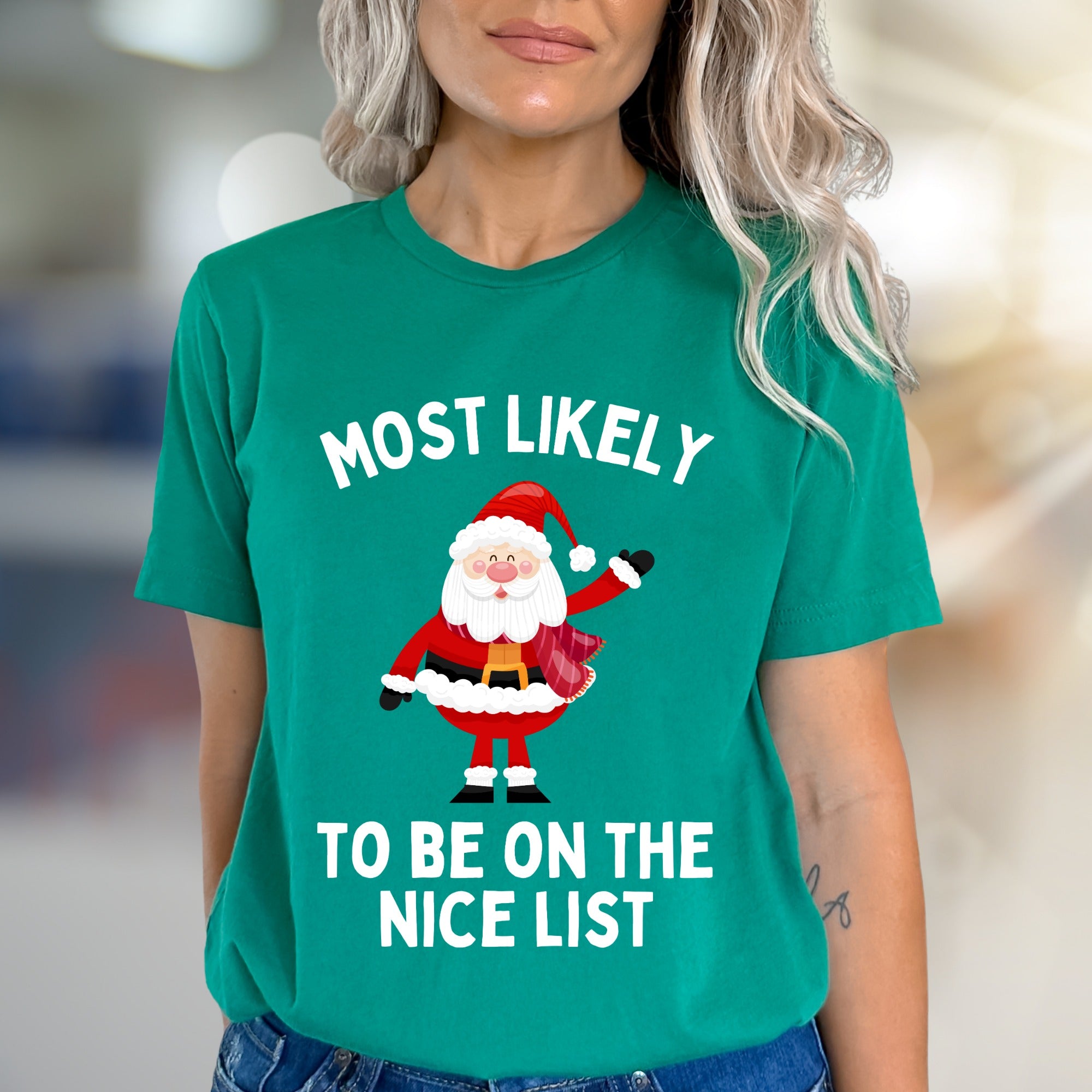 "Most Likely To Be On The Nice List" Jolly Santa Graphic Tee, a Festive Christmas Pick for Holiday Lovers