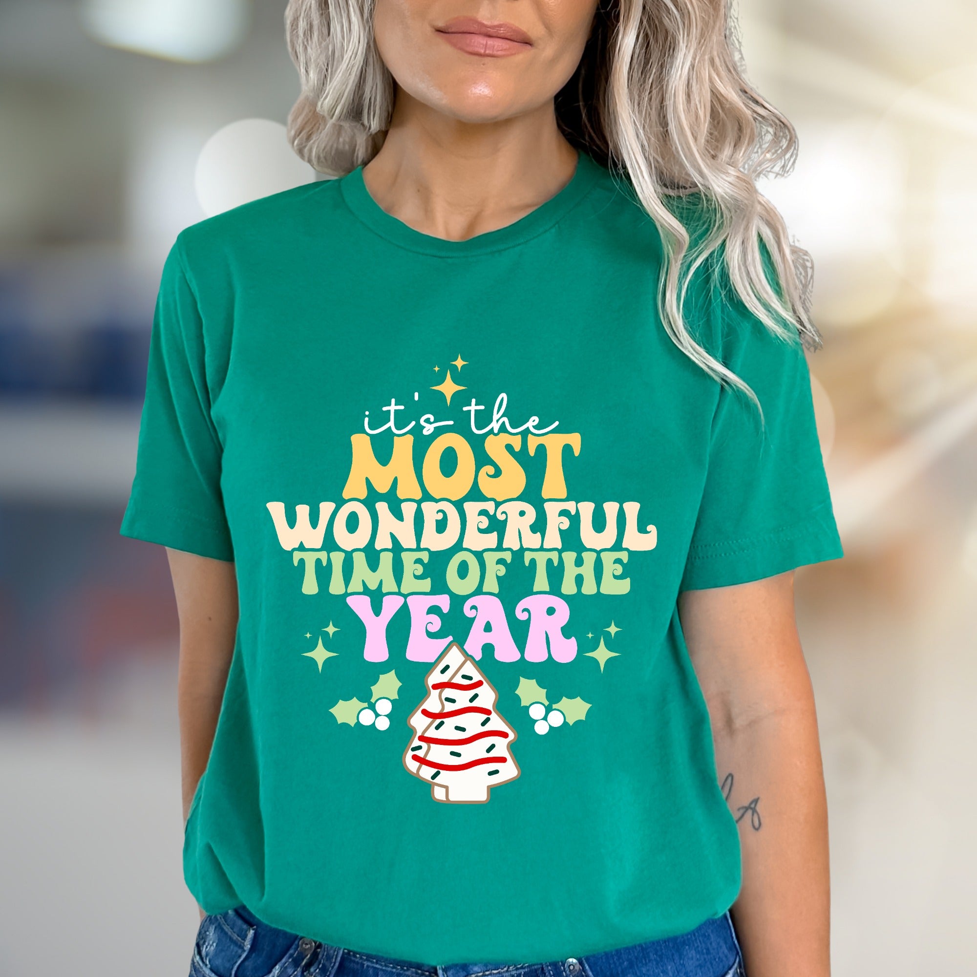 "It's the Most Wonderful Time of the Year" Whimsical Christmas Tree Graphic Tee, a Festive Holiday Pick for Everyone