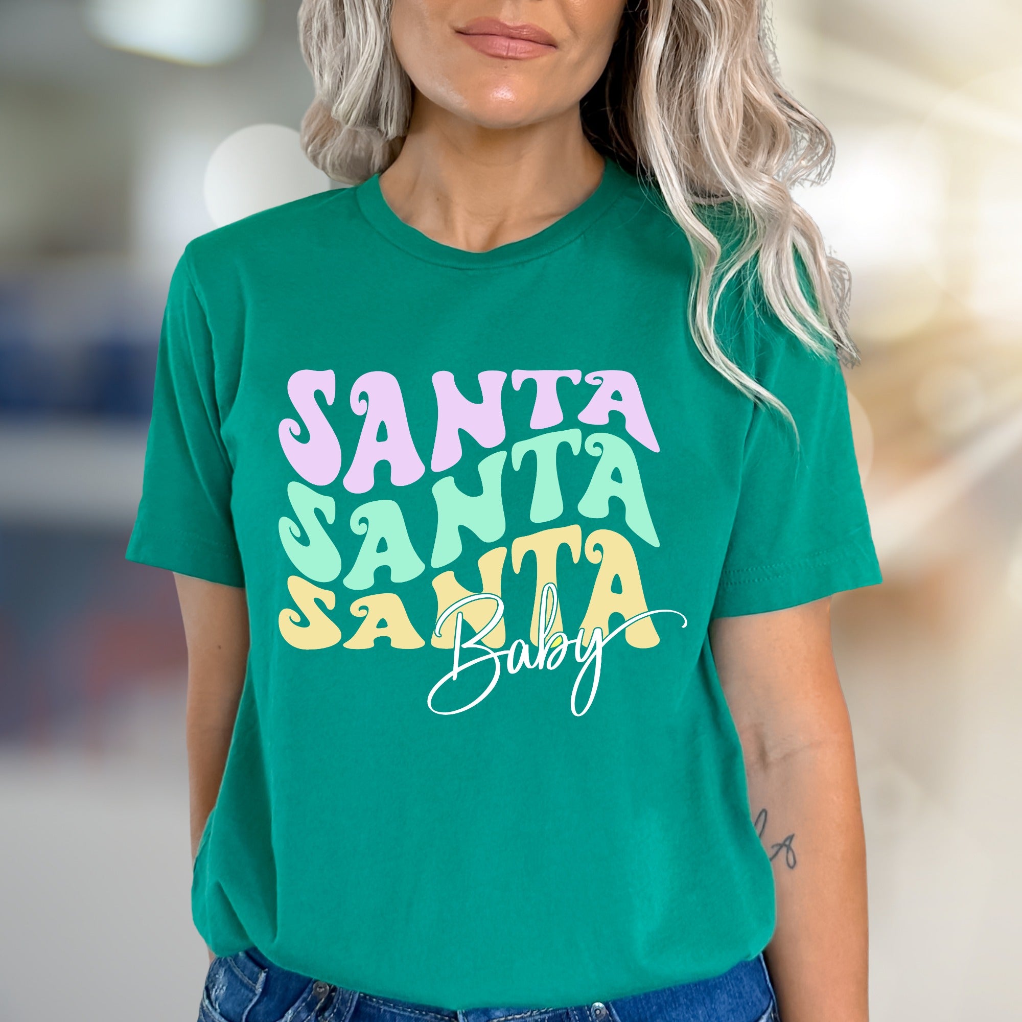 "SANTA SANTA SANTA Baby" Retro Christmas Graphic Tee, a Festive Niche for Holiday Enthusiasts