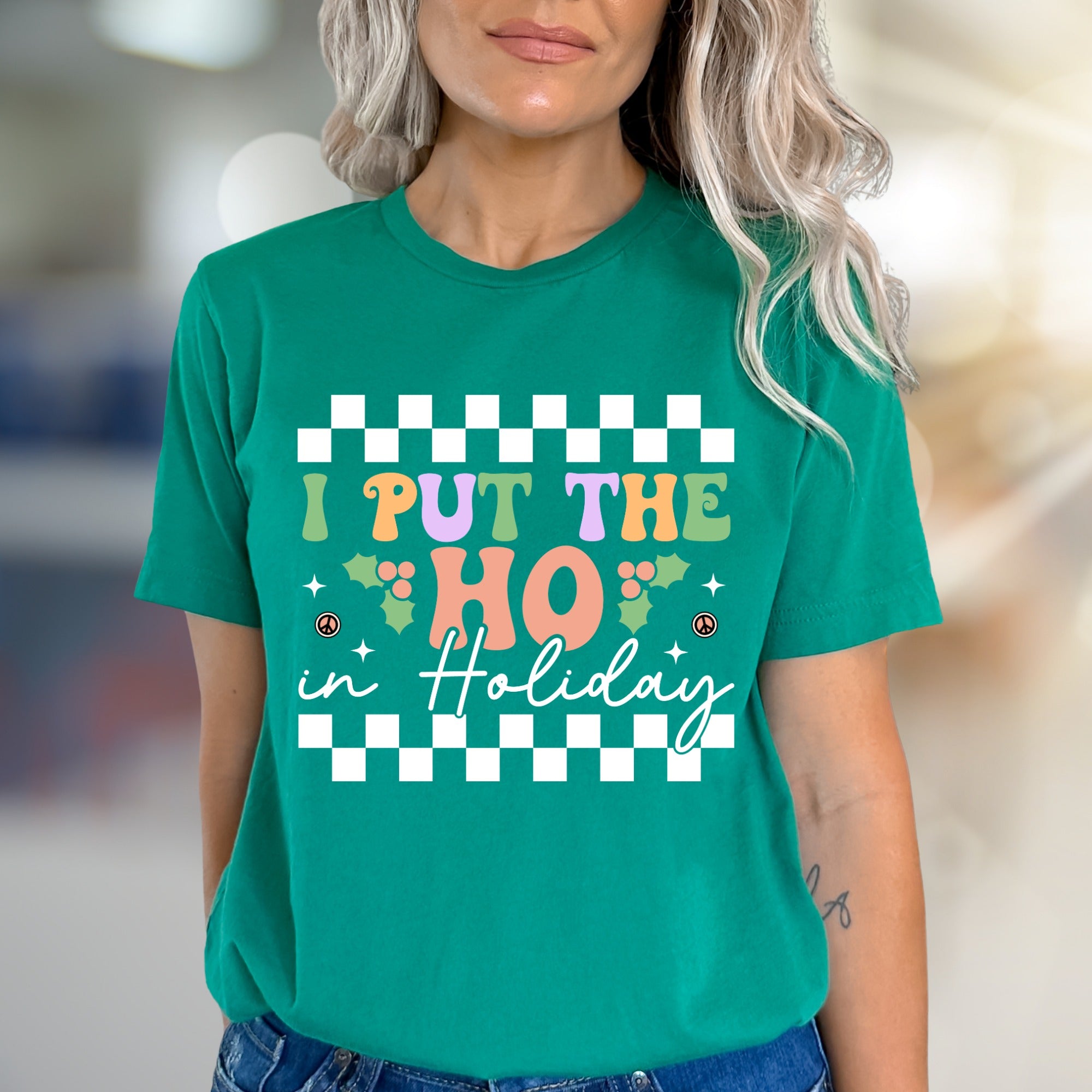"I PUT THE HO IN Holiday" Checkerboard Graphic Tee, A Retro Holiday Pick for Festive Spirits