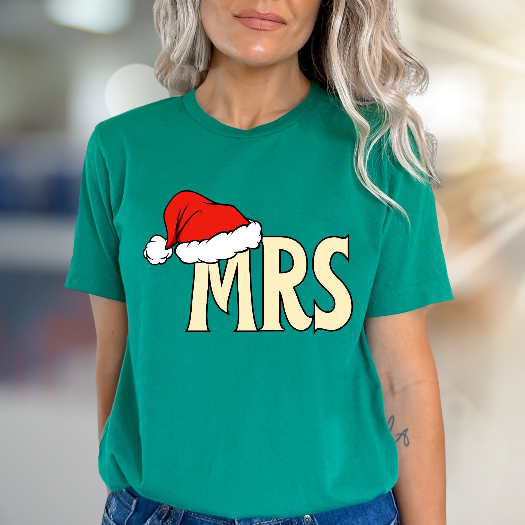 "MRS" Christmas Santa Hat Graphic Tee, a Festive Couple's Pick for Her