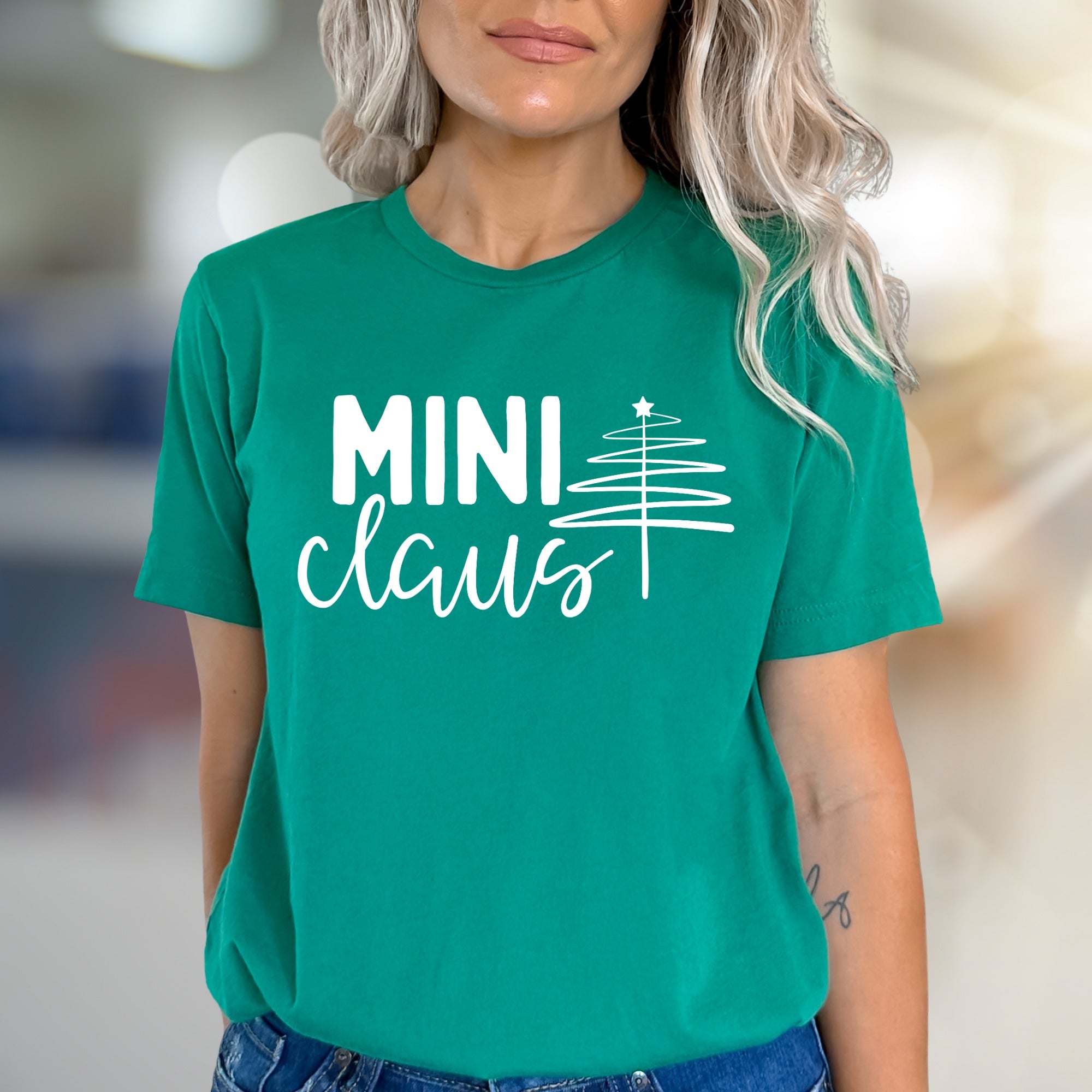 "MINI Claus" Whimsical Christmas Tree Graphic Tee, a Festive Pick for Holiday Enthusiasts