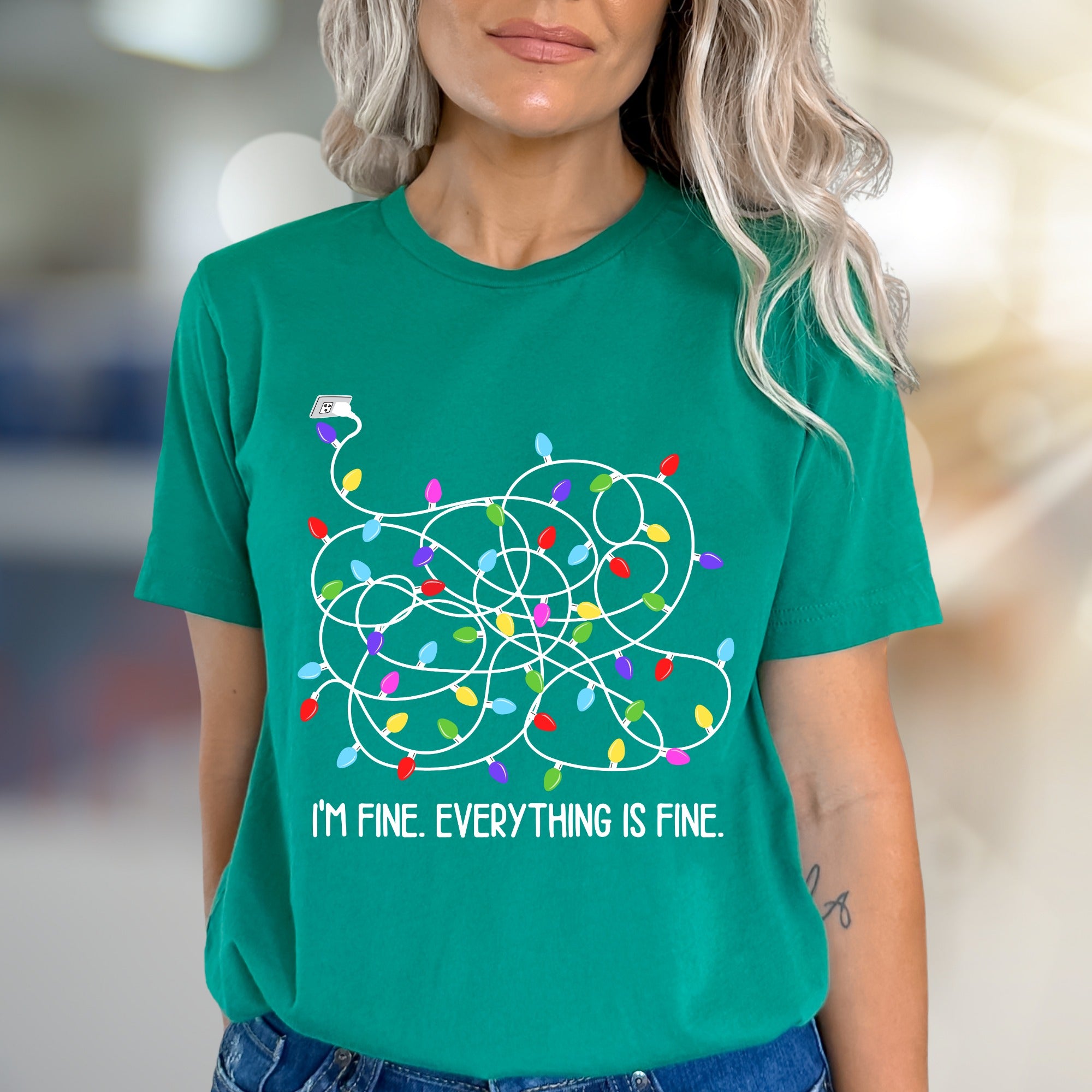 "I'm Fine. Everything Is Fine." Tangled Lights Graphic Tee, a Witty Holiday Pick for Everyone