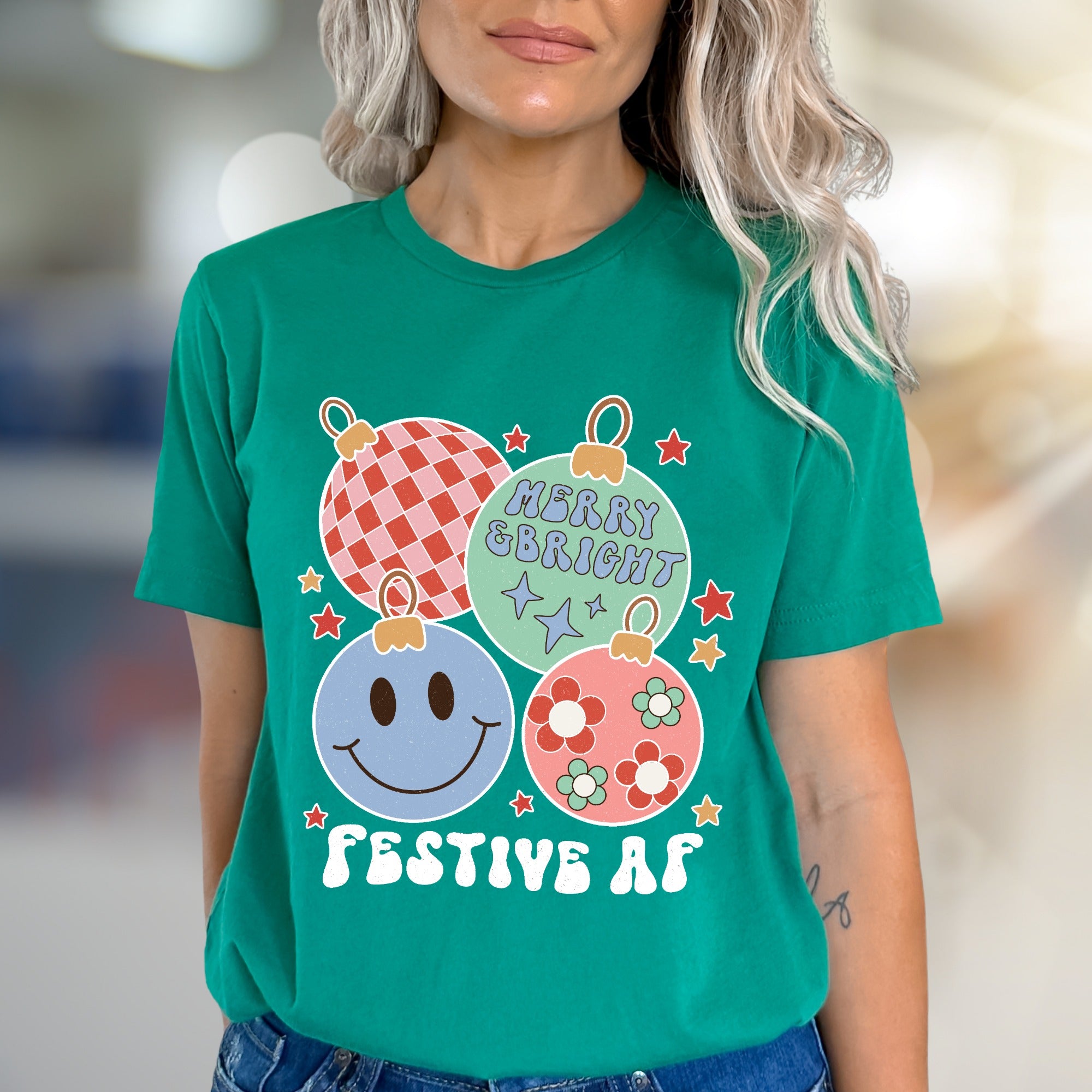 "Festive AF" Retro Holiday Ornaments Tee, a Groovy Christmas Pick for Everyone