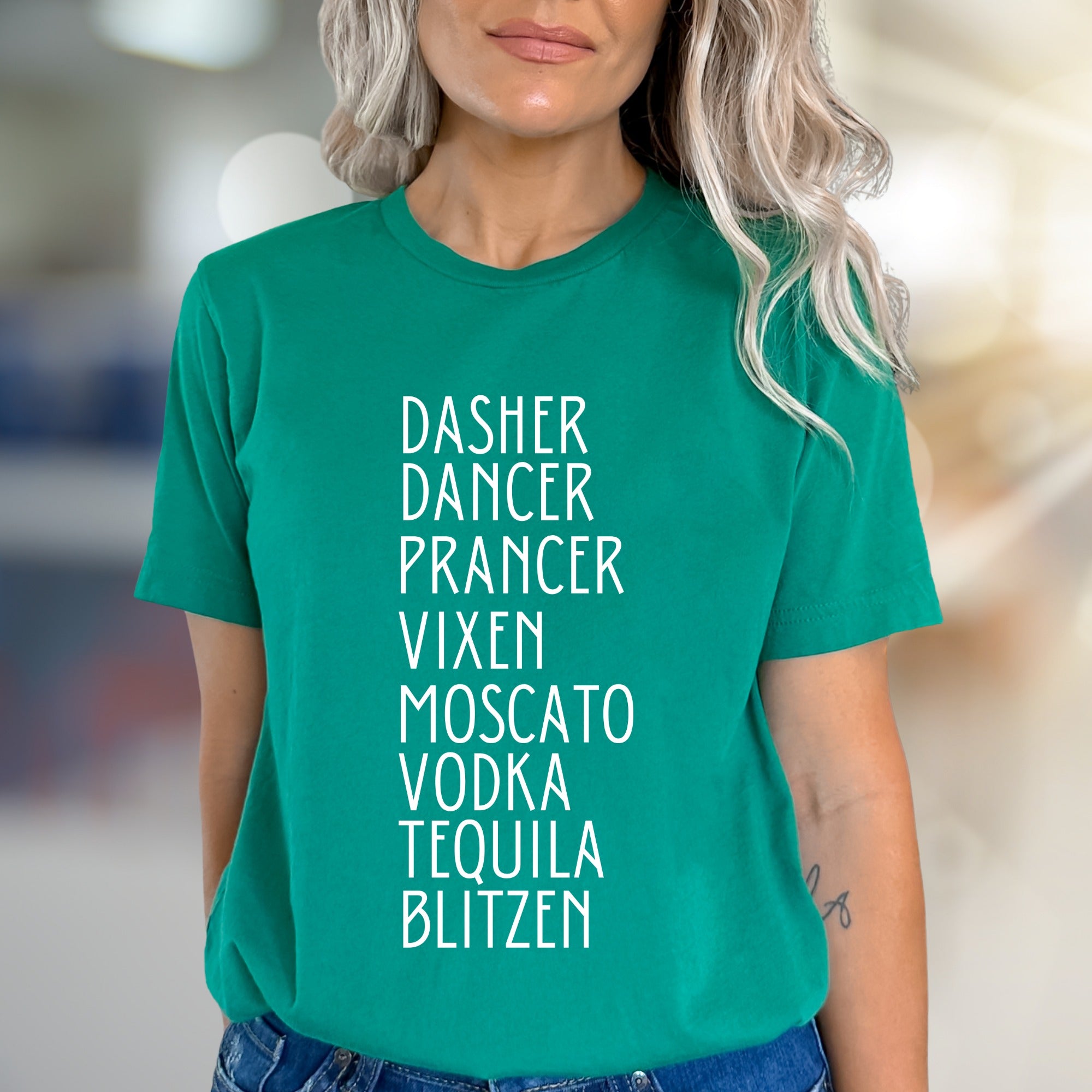 "Dasher, Dancer, Moscato & Blitzen" Christmas Party Graphic Tee, a Festive Naughty & Nice Pick for Holiday Enthusiasts