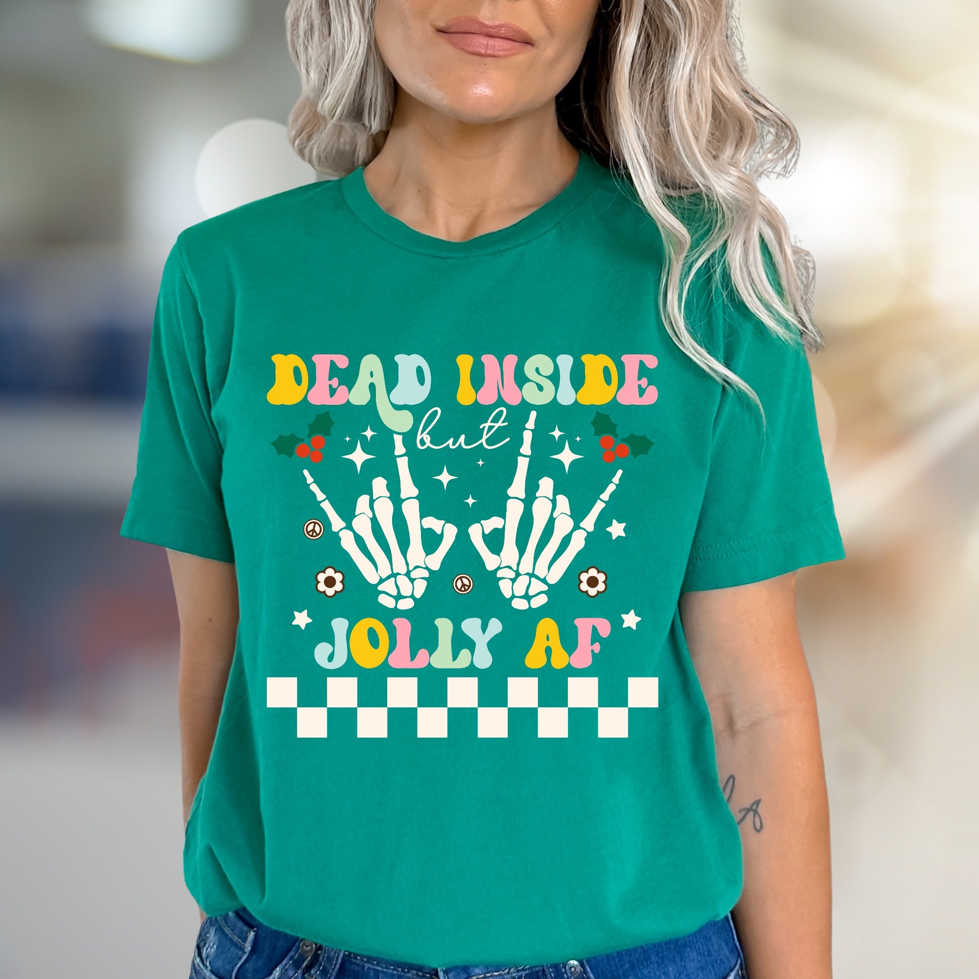 "DEAD INSIDE but JOLLY AF" Festive Skeleton Hands Graphic Tee, a Quirky Holiday Pick for Sarcastic Souls