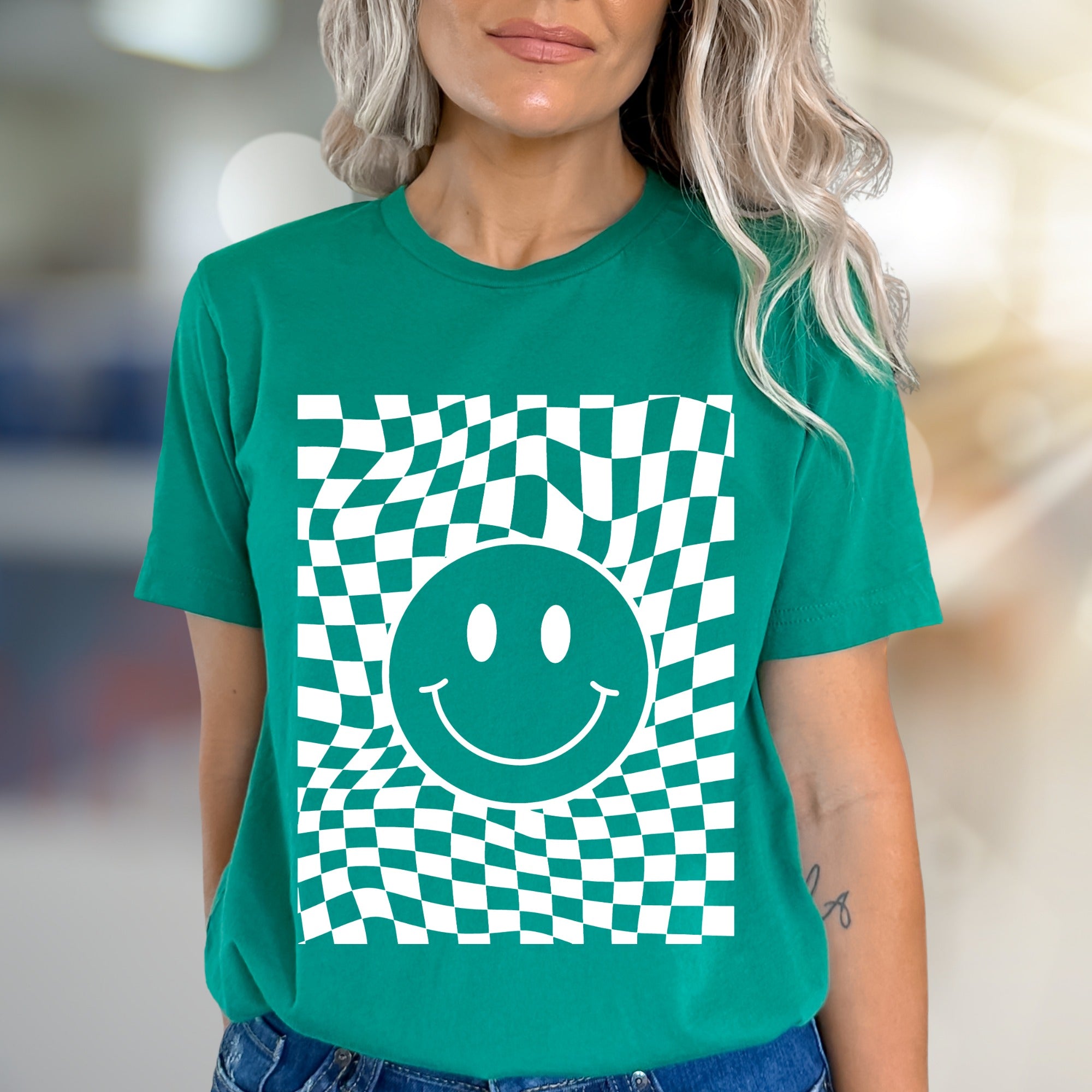 Warped Checkerboard Smiley Graphic Tee, A Retro-Inspired Pick for Free Spirits