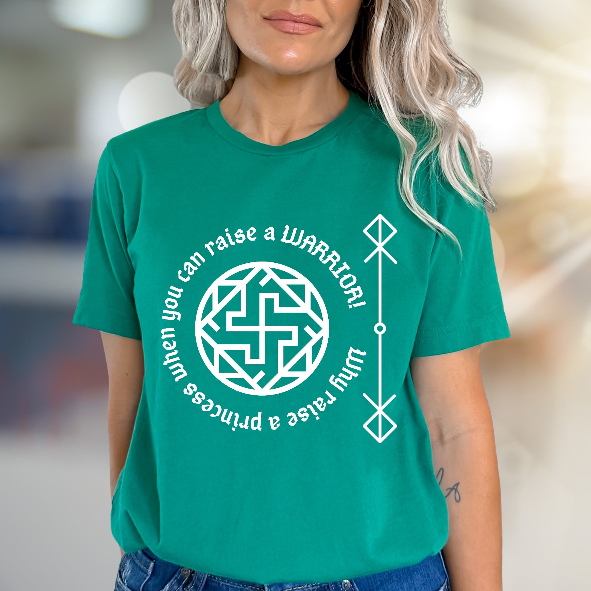 "Rai a Warrior" Empowering Rune Circle Graphic Tee, a Bold Statement for Modern Women