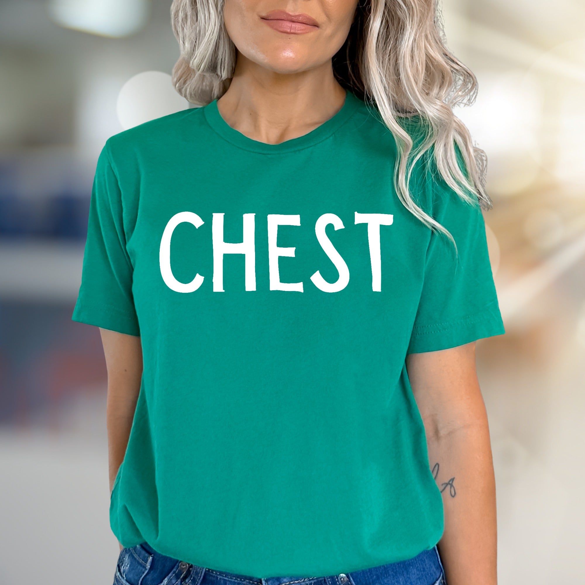 “CHEST” Funny Sarcastic Graphic Tee, A Humorous Pick for Gym Enthusiasts