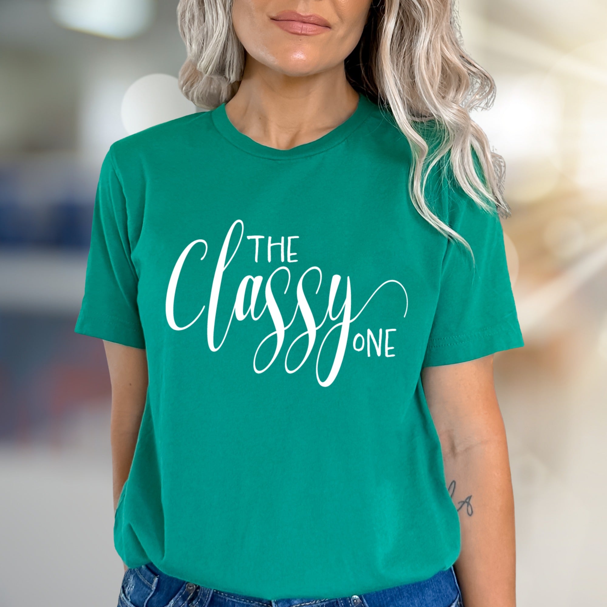 "THE Classy ONE" Elegant Script Graphic Tee, a Chic Statement for Her