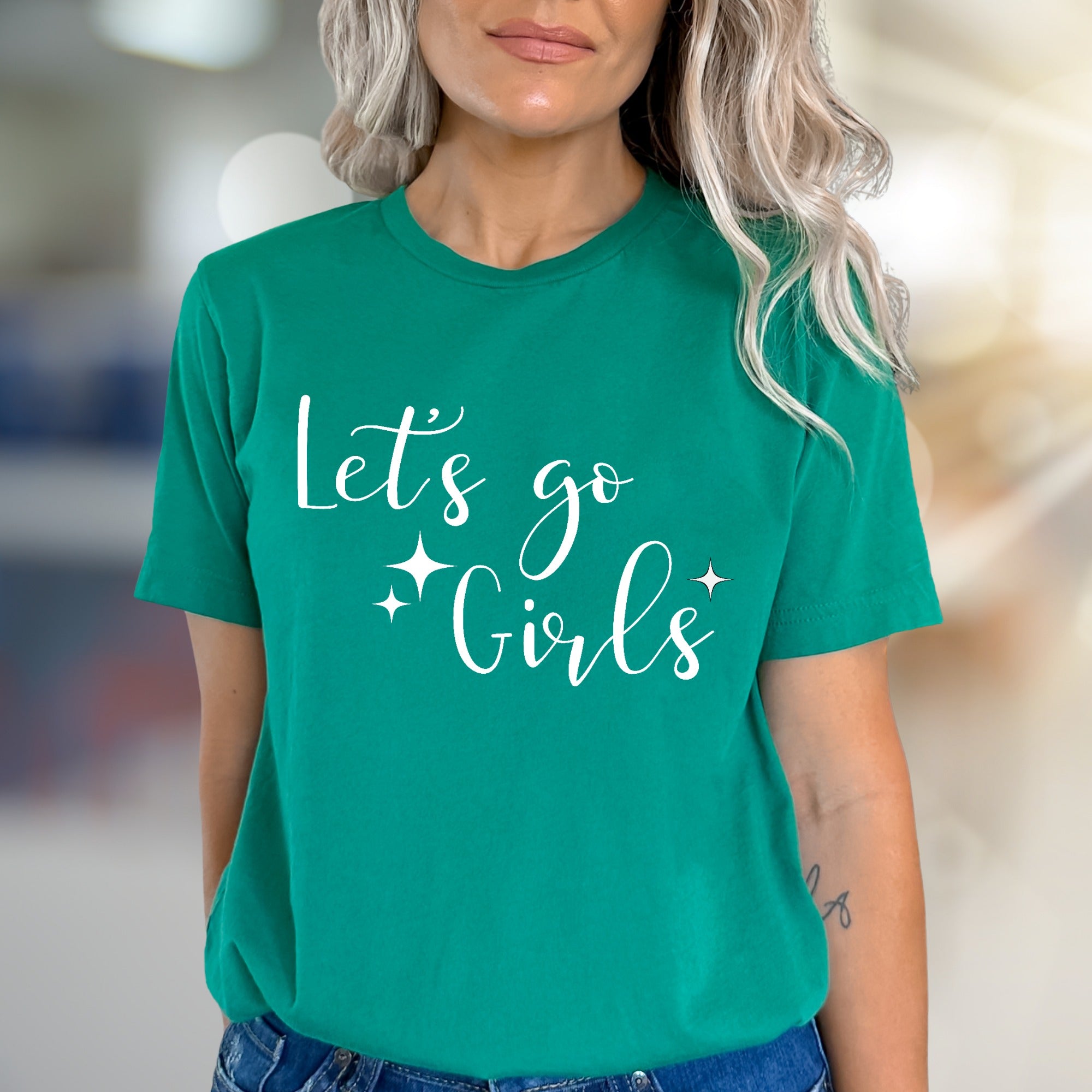 "Let's go Girls" Sparkle Script Graphic Tee, a Fun Western Pick for Friends